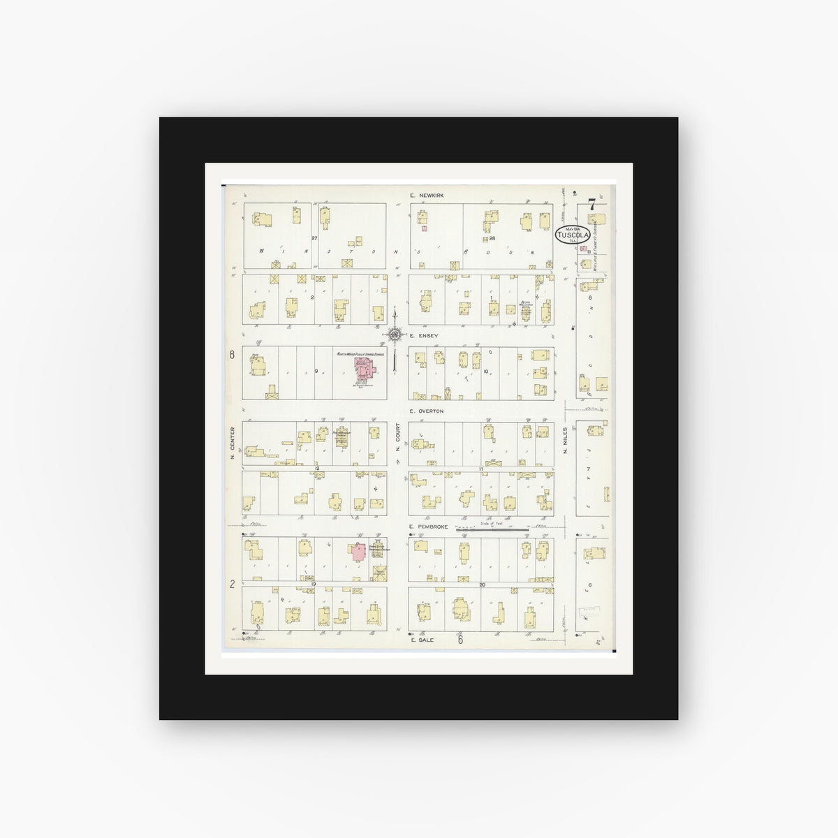 Old map wall art mockup — black gallery frame with white mat — Sanborn Fire Insurance Map from Tuscola, Douglas County, Illinois (1914), Sheet #0007