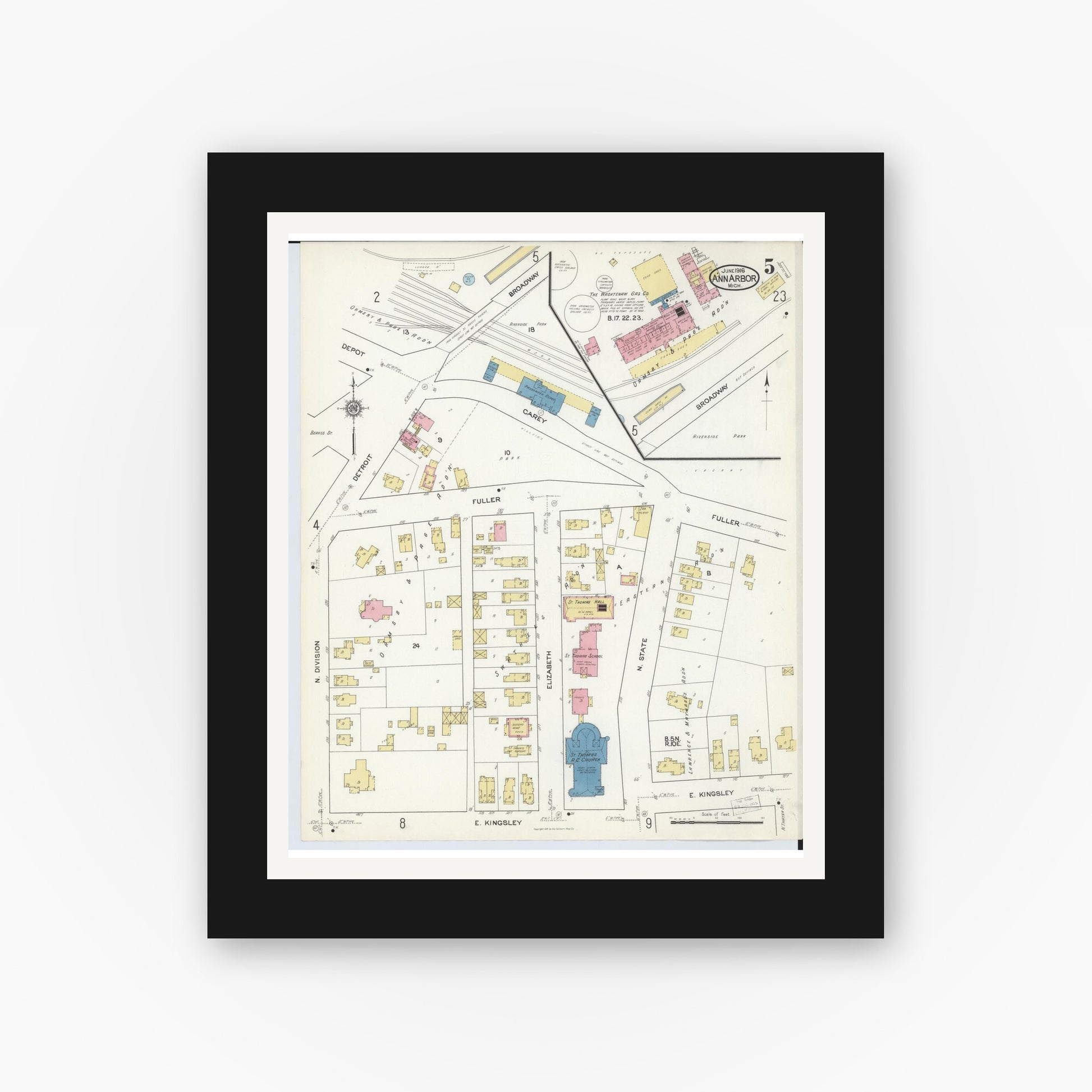 Old map wall art mockup — black gallery frame with white mat — Sanborn Fire Insurance Map from Ann Arbor, Washtenaw County, Michigan (1916), Sheet #0005