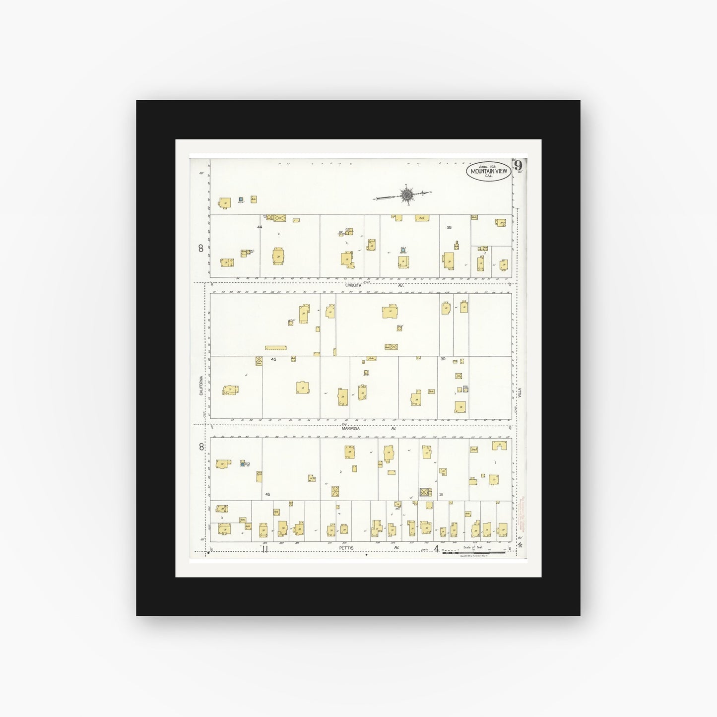 Old map wall art mockup — black gallery frame with white mat — Sanborn Fire Insurance Map from Mountain View, Santa Clara County, California (1921), Sheet #0009