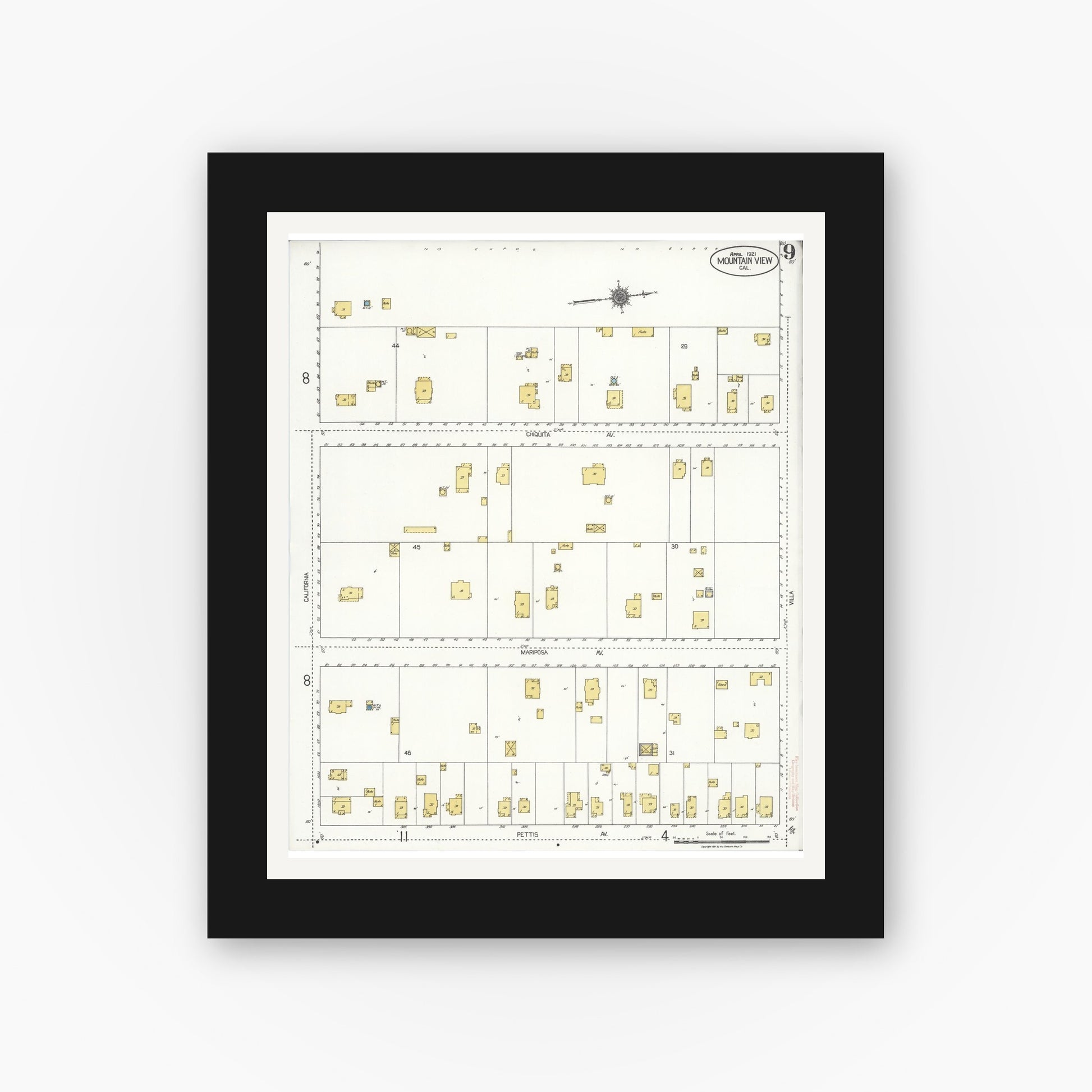 Old map wall art mockup — black gallery frame with white mat — Sanborn Fire Insurance Map from Mountain View, Santa Clara County, California (1921), Sheet #0009