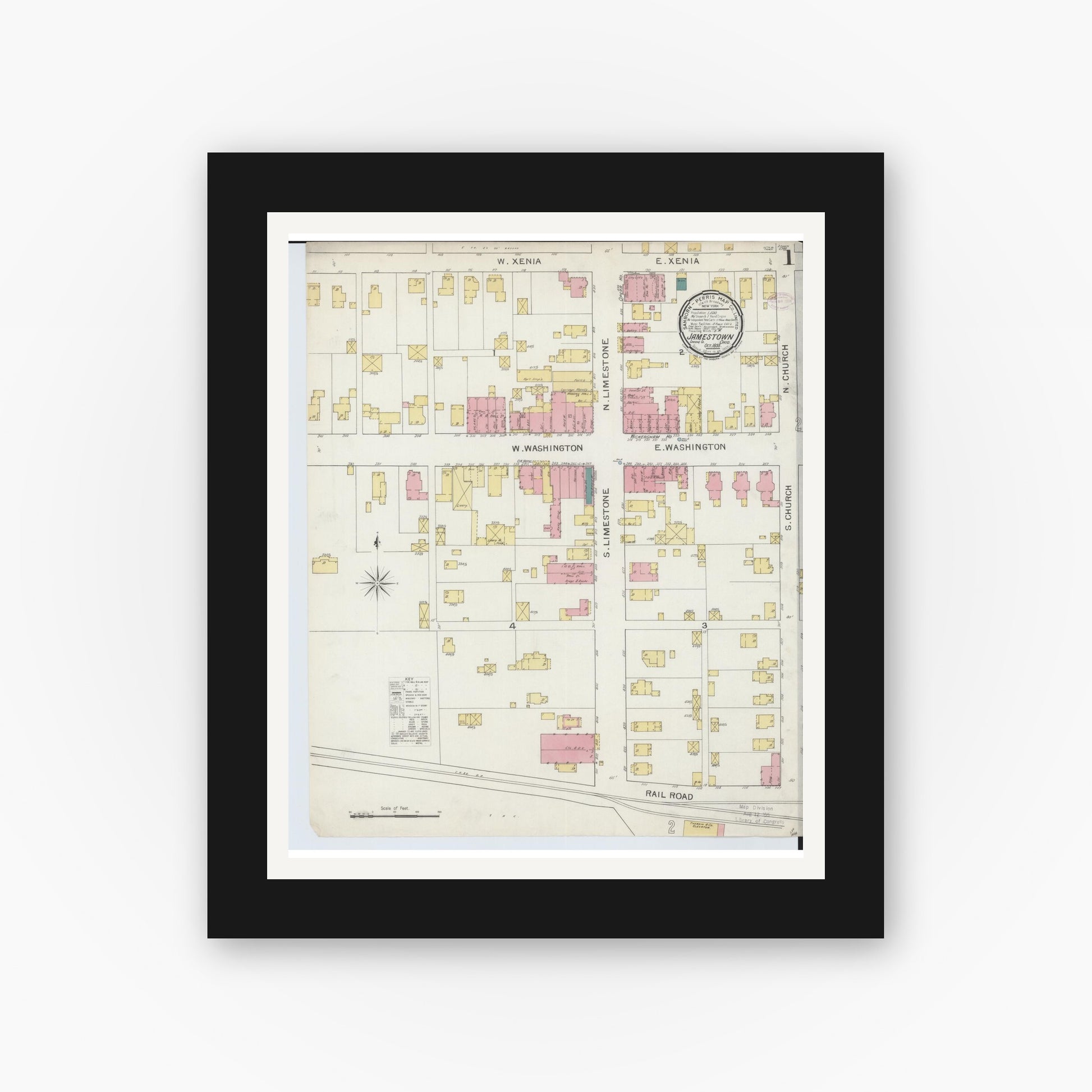 Old map wall art mockup — black gallery frame with white mat — Sanborn Fire Insurance Map from Jamestown, Greene County, Ohio (1893) - Complete Map Set