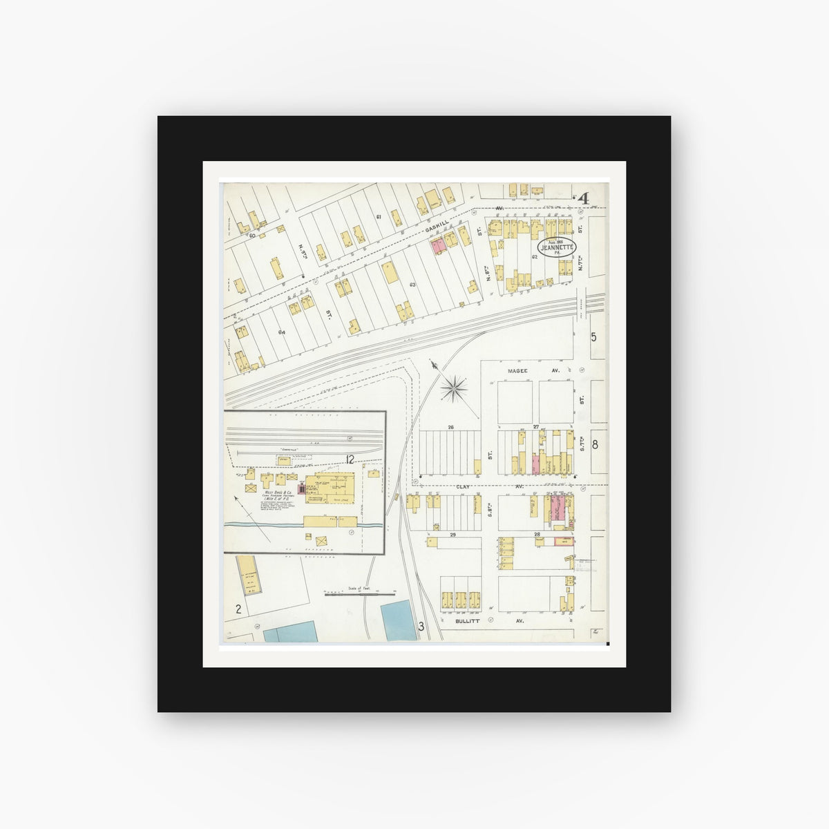 Old map wall art mockup — black gallery frame with white mat — Sanborn Fire Insurance Map from Jeannette, Westmoreland County, Pennsylvania (1905), Sheet #0004