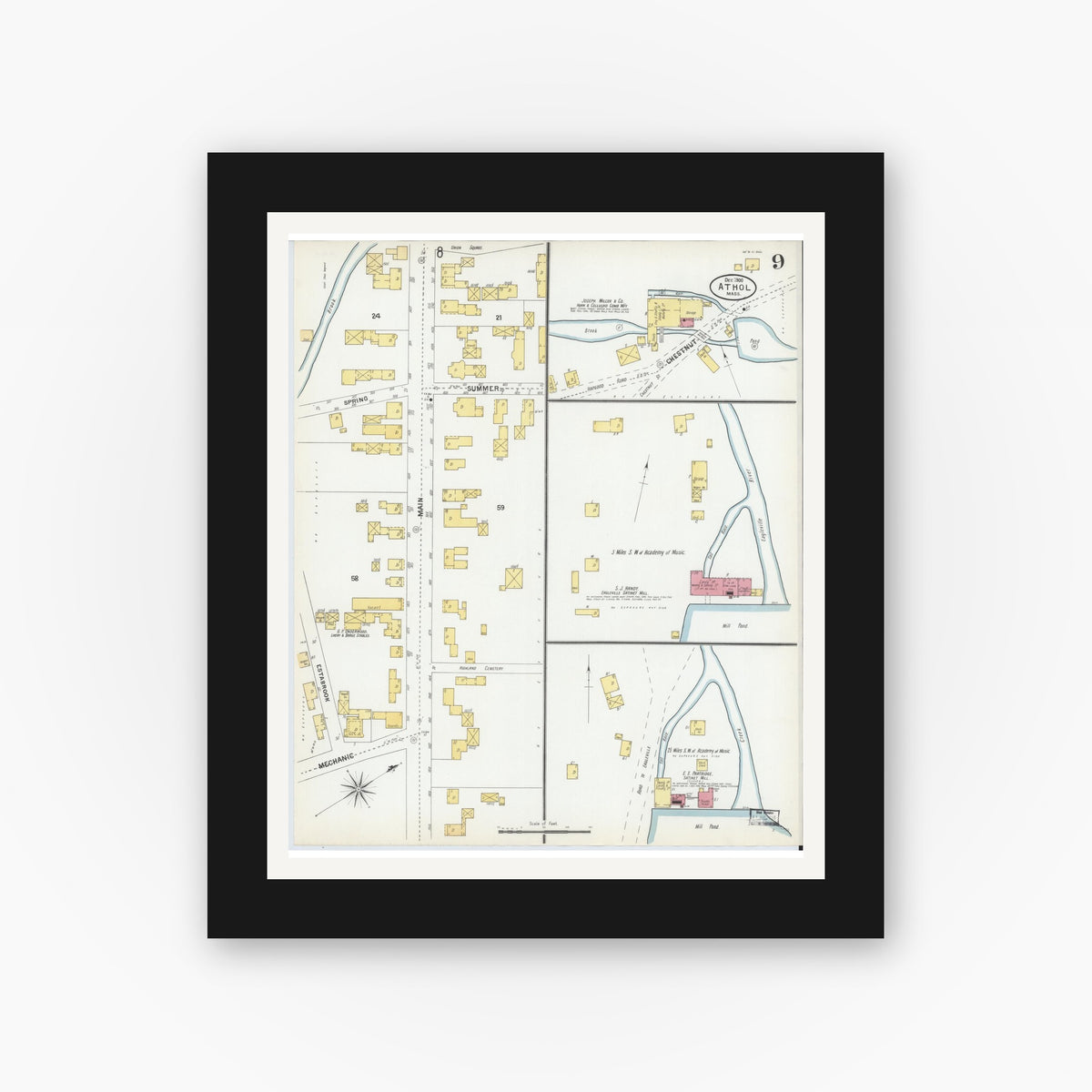 Old map wall art mockup — black gallery frame with white mat — Sanborn Fire Insurance Map from Athol, Worcester County, Massachusetts (1900), Sheet #0009