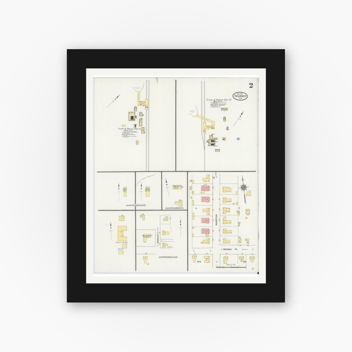 Old map wall art mockup — black gallery frame with white mat — Sanborn Fire Insurance Map from Thurber, Erath County, Texas (1911), Sheet #0002