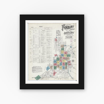 Old map wall art mockup — black gallery frame with white mat — Sanborn Fire Insurance Map from Findlay, Hancock County, Ohio (1901), Sheet #0001