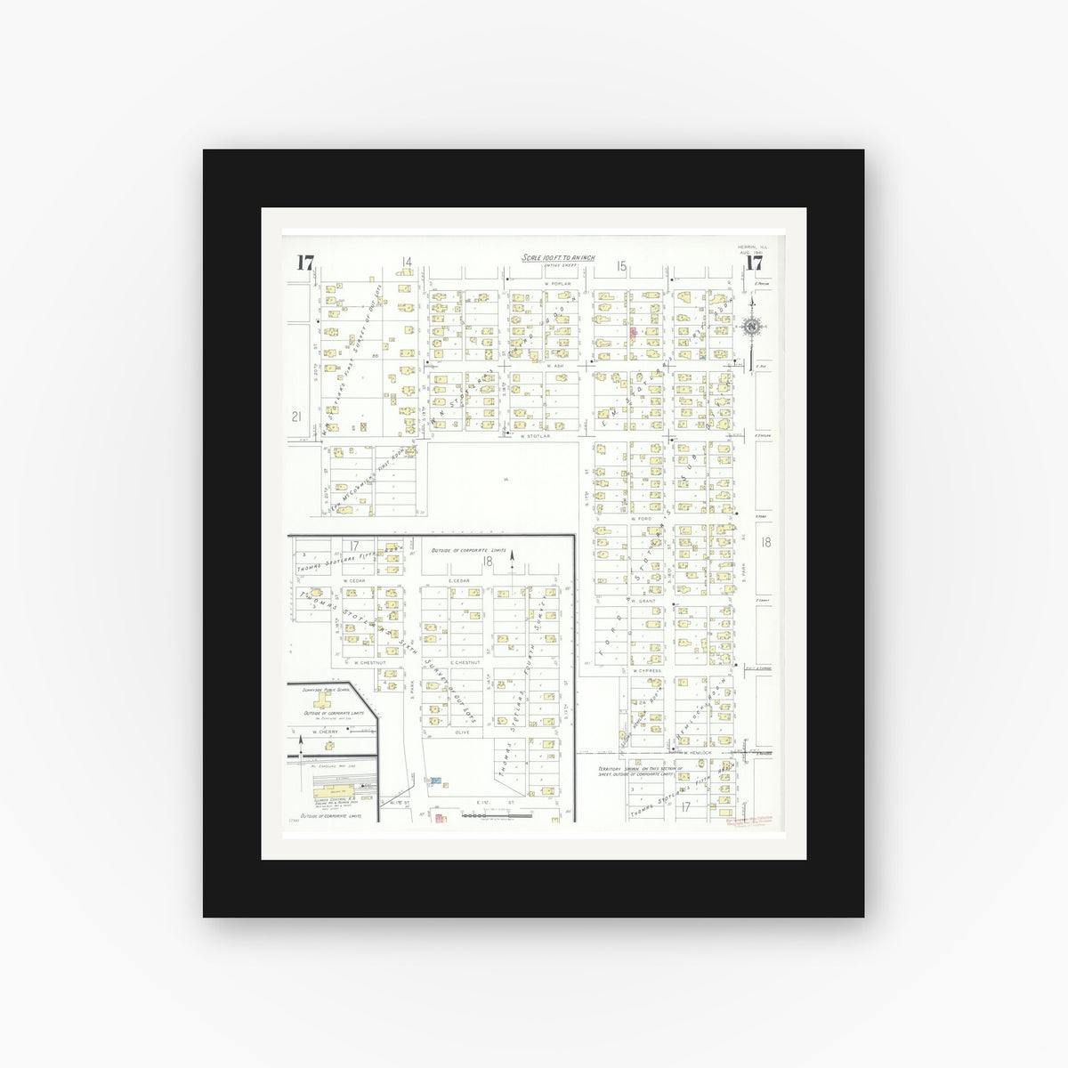 Old map wall art mockup — black gallery frame with white mat — Sanborn Fire Insurance Map from Herrin, Williamson County, Illinois (1941), Sheet #0017