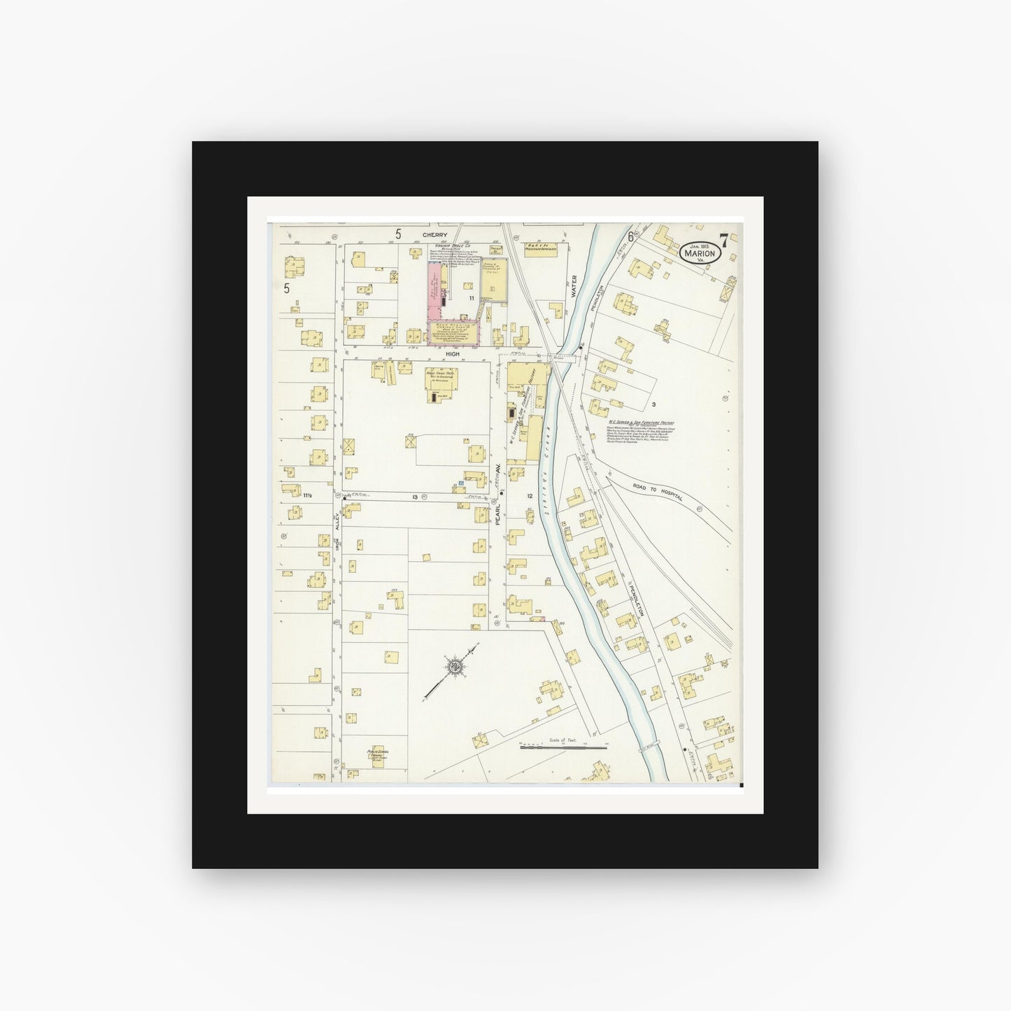 Old map wall art mockup — black gallery frame with white mat — Sanborn Fire Insurance Map from Marion, Smyth County, Virginia (1913), Sheet #0007