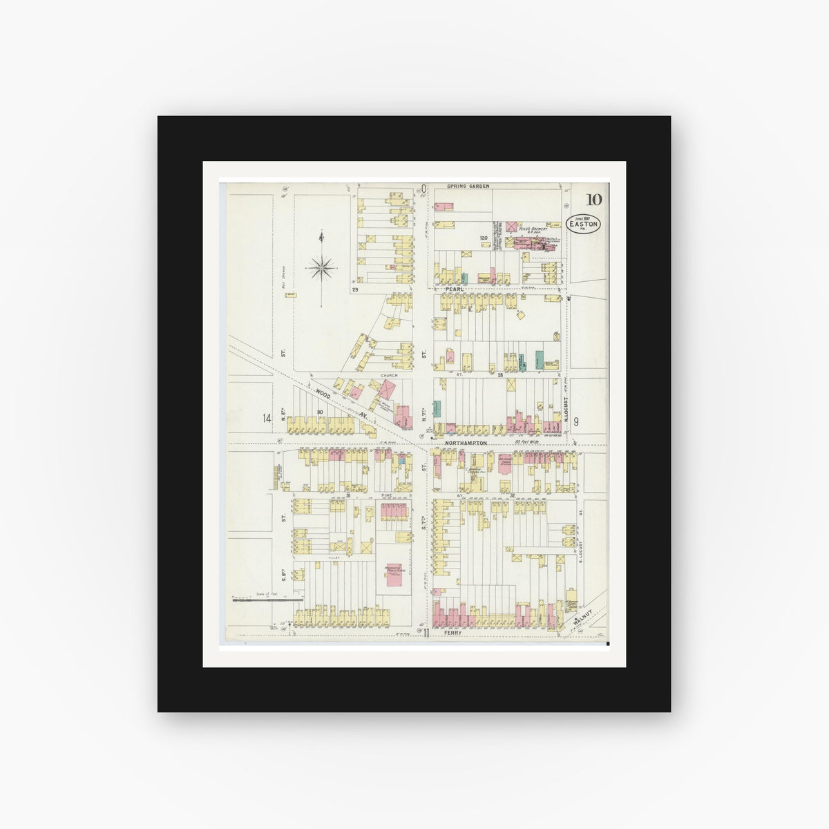 Old map wall art mockup — black gallery frame with white mat — Sanborn Fire Insurance Map from Easton, Northampton County, Pennsylvania (1897), Sheet #0010