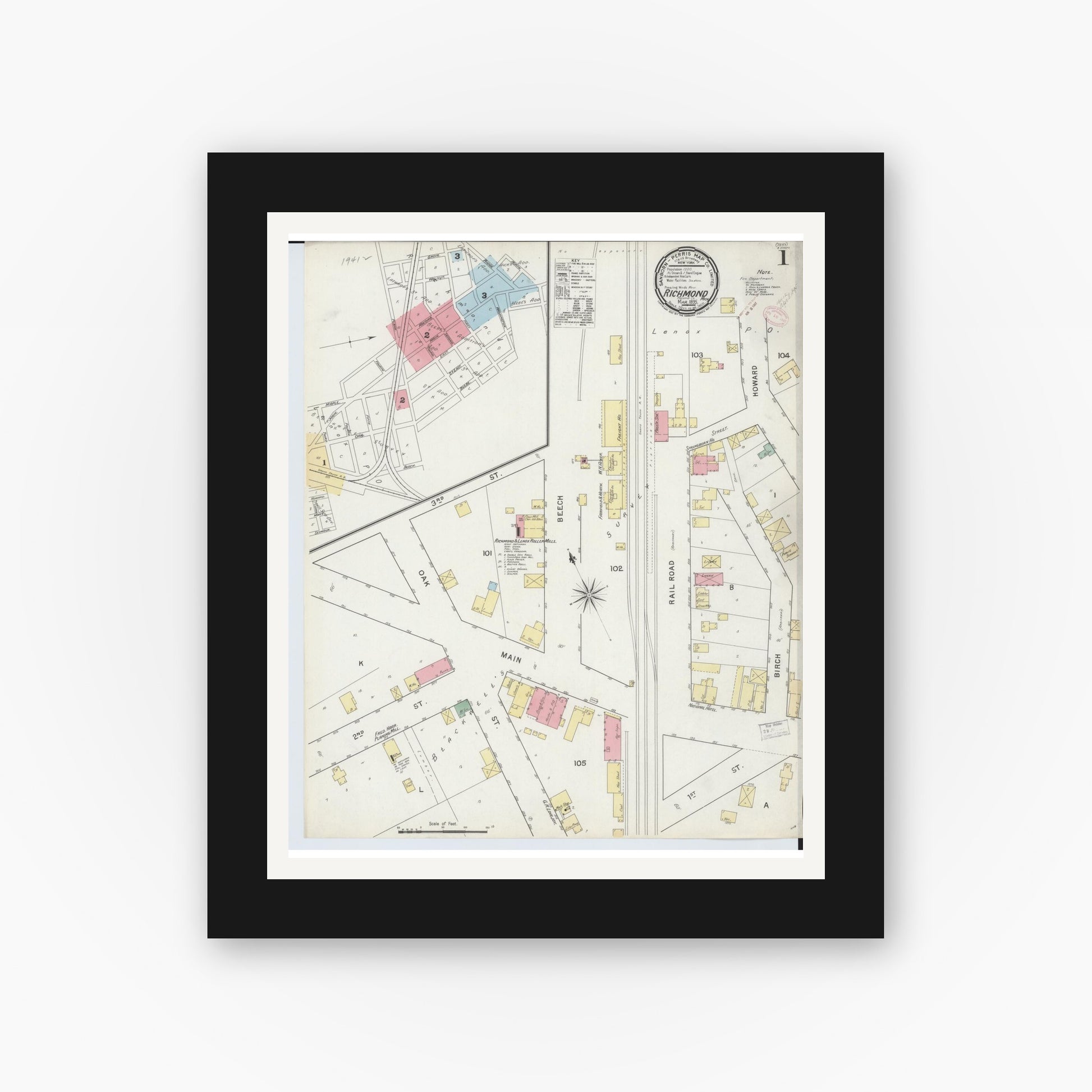 Old map wall art mockup — black gallery frame with white mat — Sanborn Fire Insurance Map from Richmond, Macomb County, Michigan (1895) - Complete Map Set