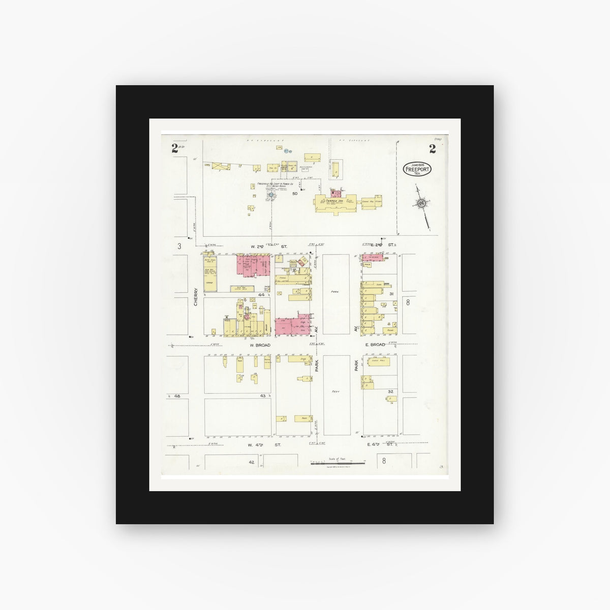 Old map wall art mockup — black gallery frame with white mat — Sanborn Fire Insurance Map from Freeport, Brazoria County, Texas (1926), Sheet #0002