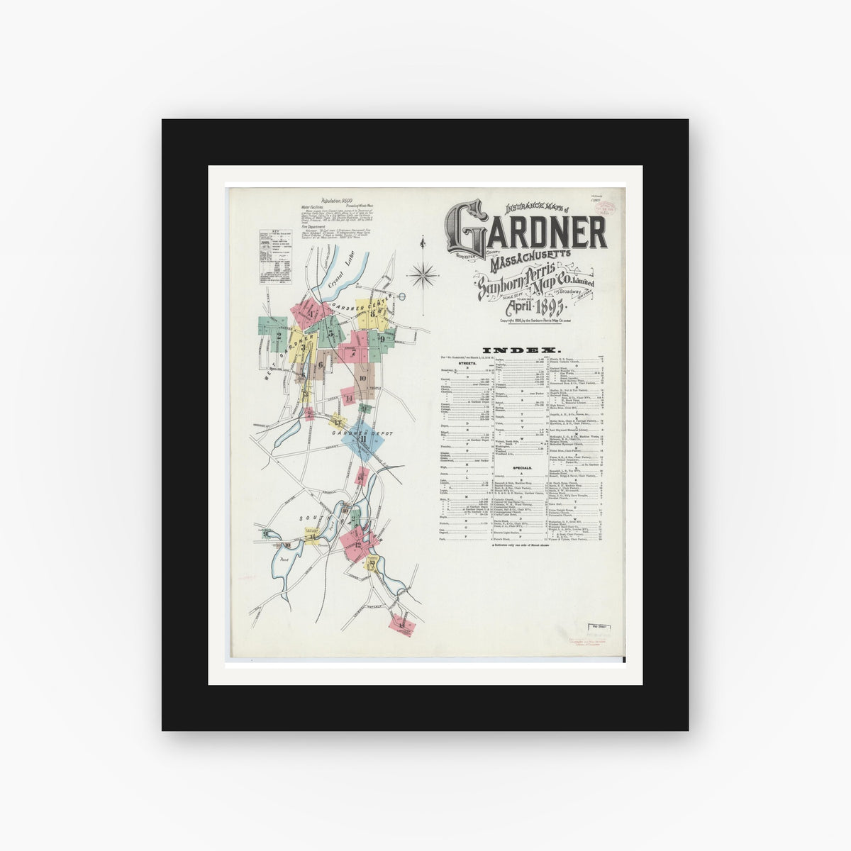 Old map wall art mockup — black gallery frame with white mat — Sanborn Fire Insurance Map from Gardner, Worcester County, Massachusetts (1895), Sheet #0001
