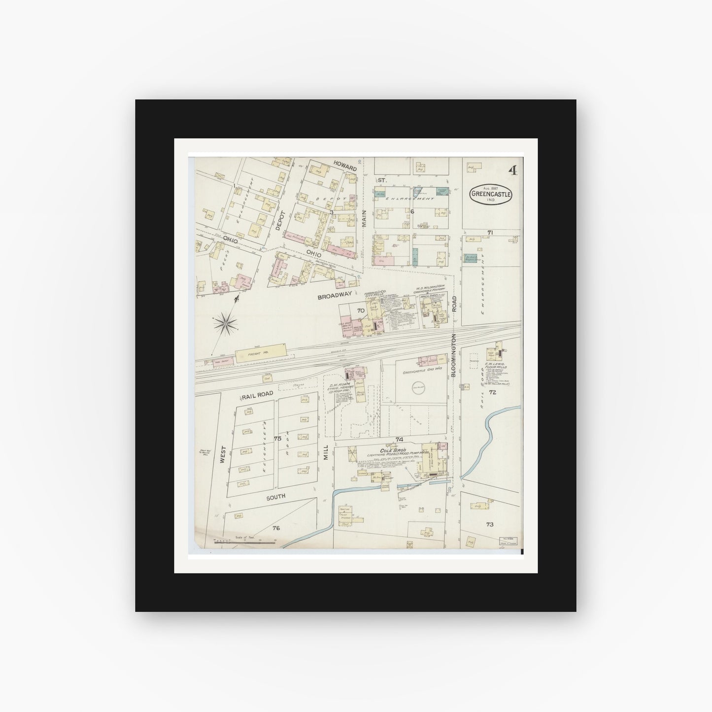 Old map wall art mockup — black gallery frame with white mat — Sanborn Fire Insurance Map from Greencastle, Putnam County, Indiana (1887), Sheet #0004