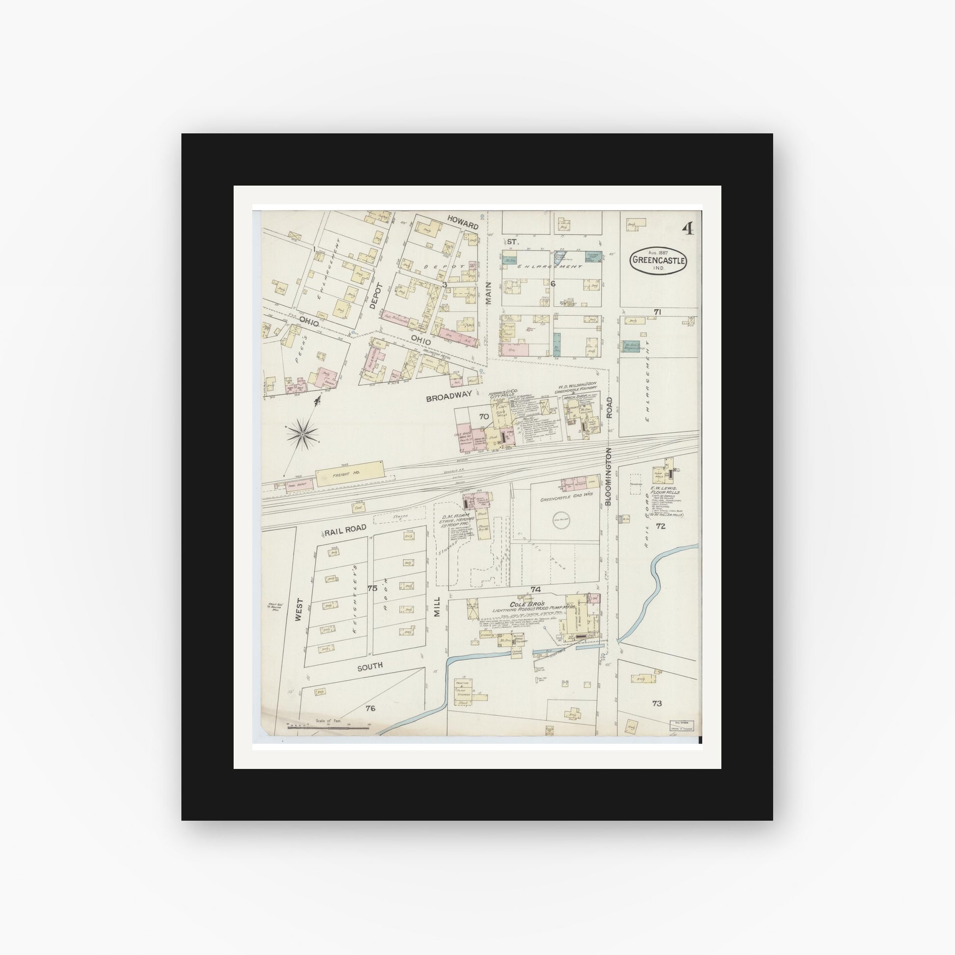 Old map wall art mockup — black gallery frame with white mat — Sanborn Fire Insurance Map from Greencastle, Putnam County, Indiana (1887), Sheet #0004