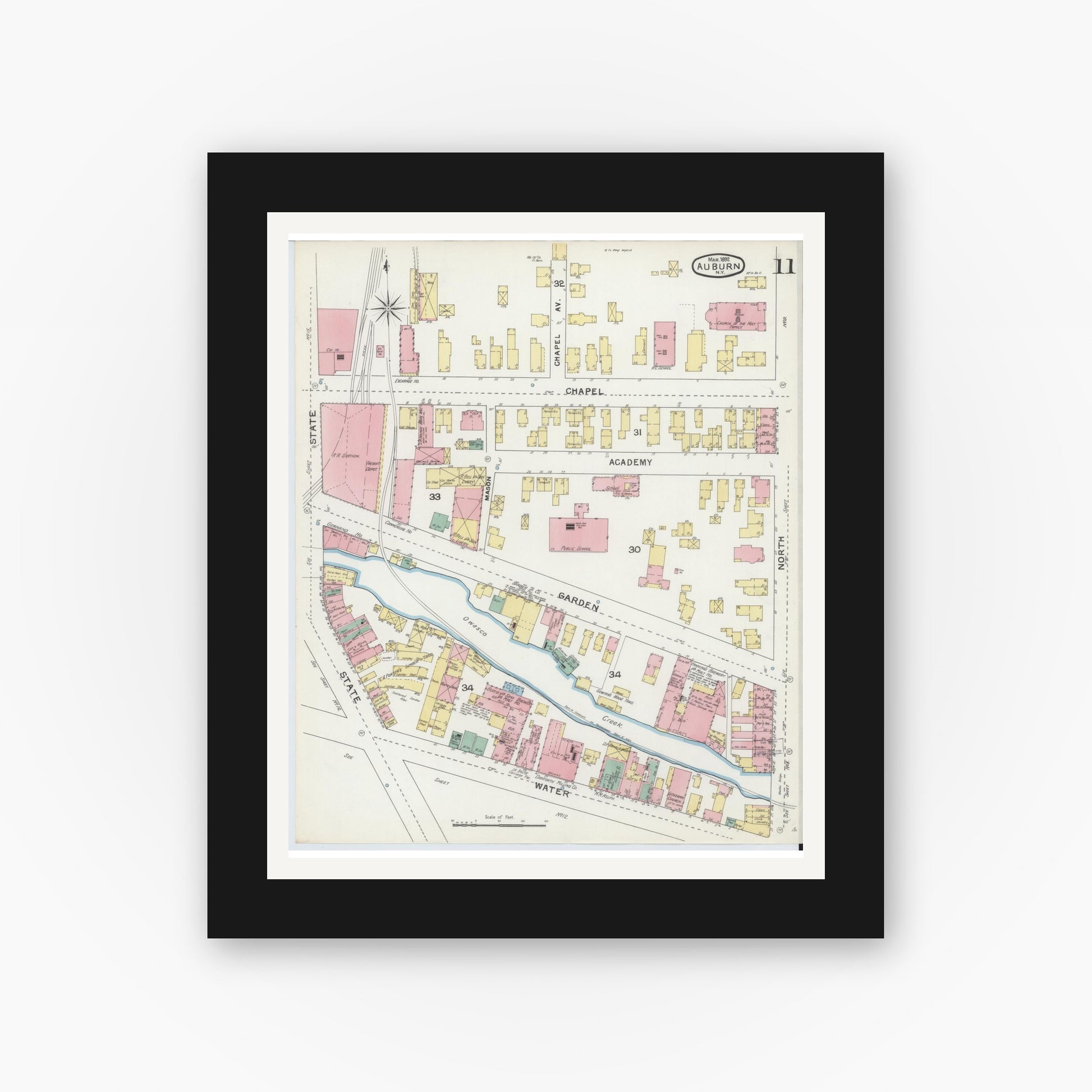 Old map wall art mockup — black gallery frame with white mat — Sanborn Fire Insurance Map from Auburn, Cayuga County, New York (1892), Sheet #0011