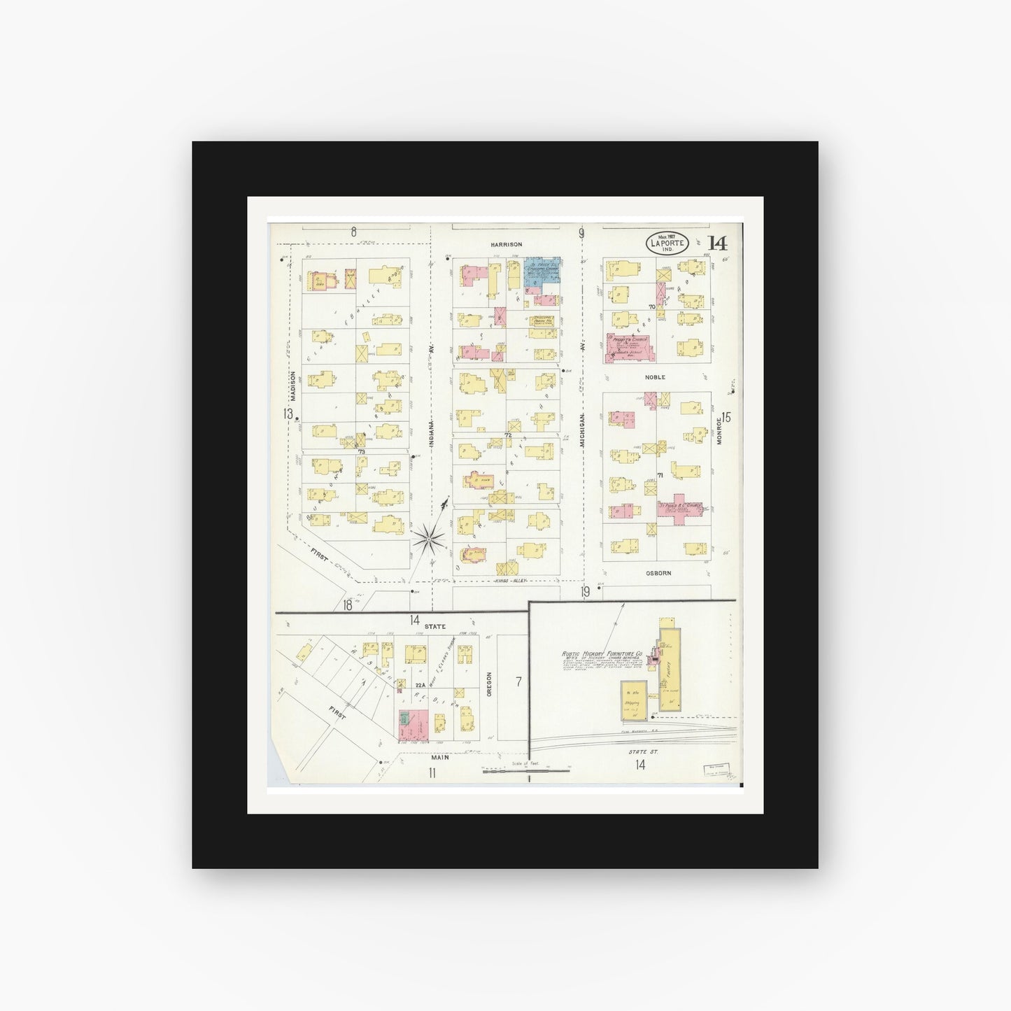 Old map wall art mockup — black gallery frame with white mat — Sanborn Fire Insurance Map from La Porte, La Porte County, Indiana (1907), Sheet #0014
