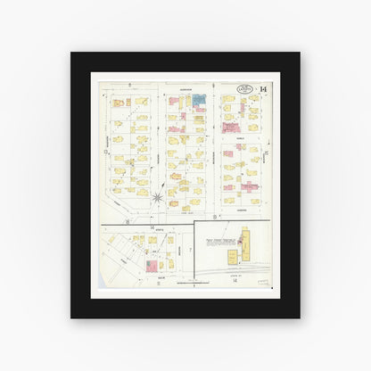 Old map wall art mockup — black gallery frame with white mat — Sanborn Fire Insurance Map from La Porte, La Porte County, Indiana (1907), Sheet #0014