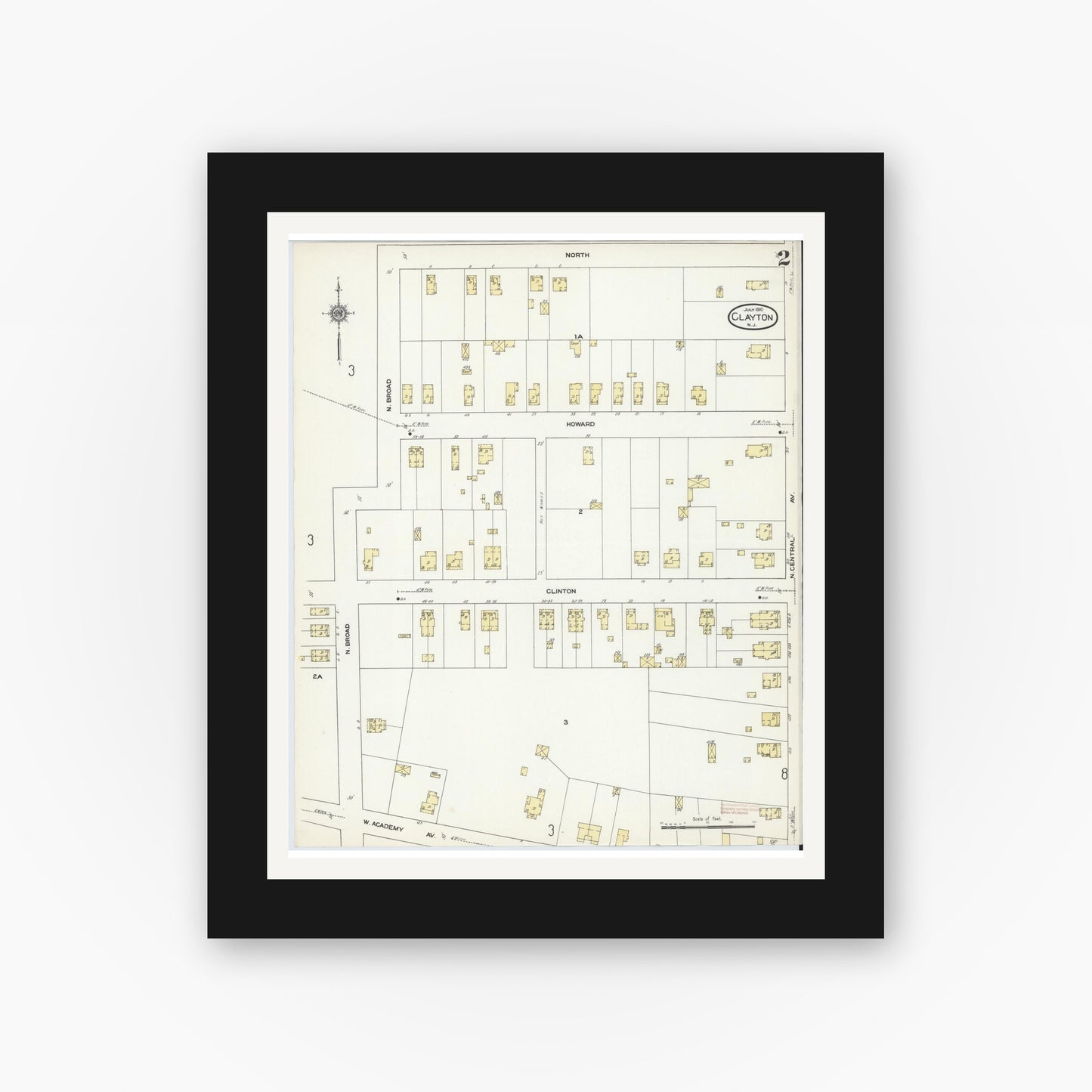 Old map wall art mockup — black gallery frame with white mat — Sanborn Fire Insurance Map from Clayton, Gloucester County, New Jersey (1910), Sheet #0002
