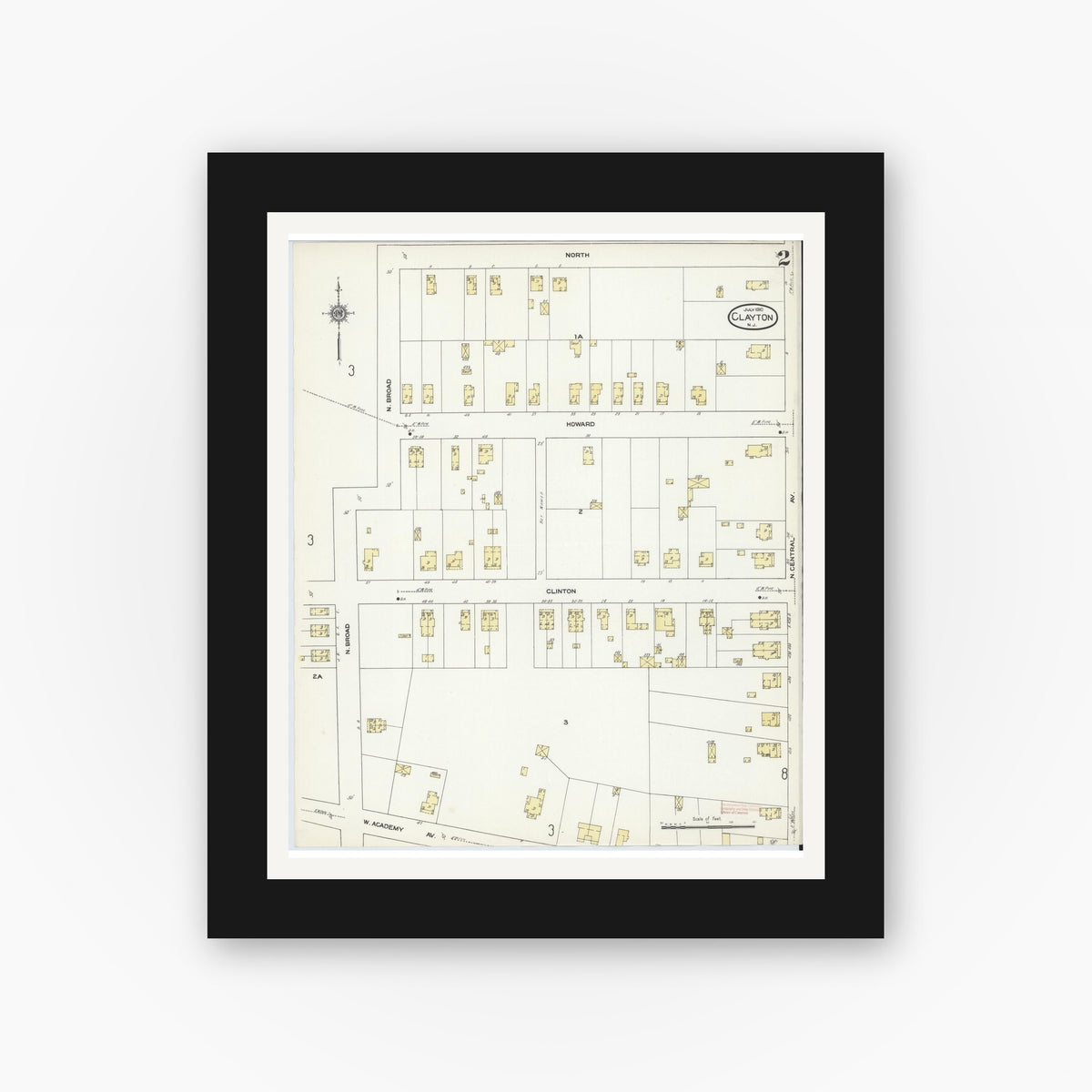 Old map wall art mockup — black gallery frame with white mat — Sanborn Fire Insurance Map from Clayton, Gloucester County, New Jersey (1910), Sheet #0002