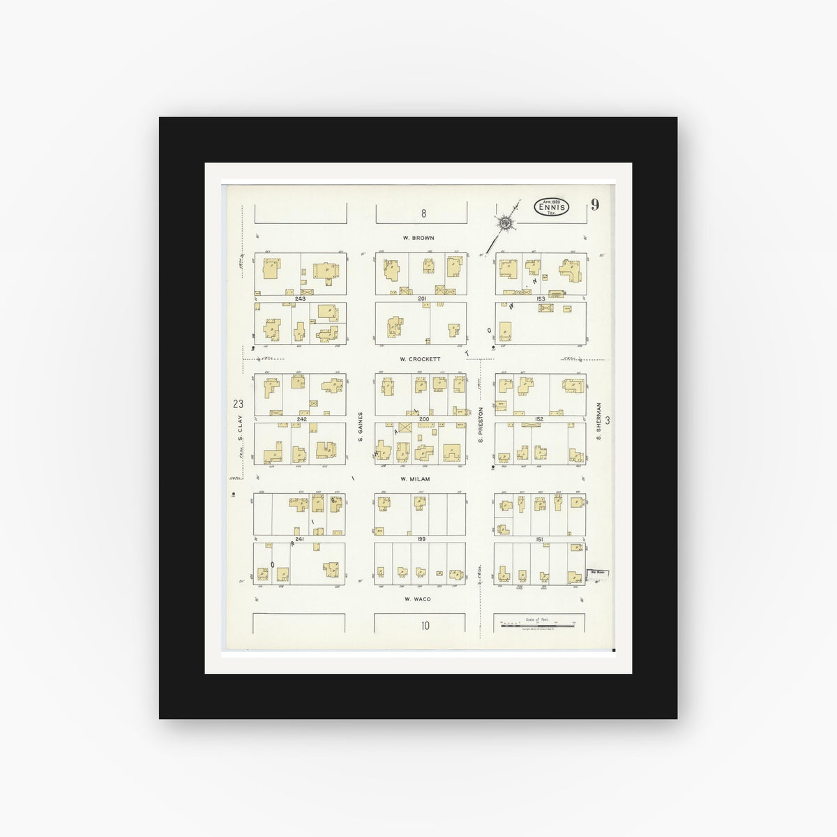 Old map wall art mockup — black gallery frame with white mat — Sanborn Fire Insurance Map from Ennis, Ellis County, Texas (1920), Sheet #0009