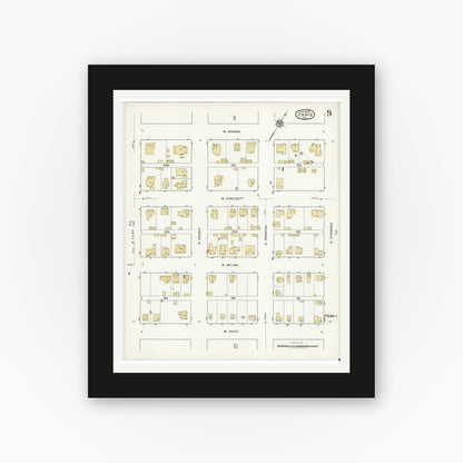 Old map wall art mockup — black gallery frame with white mat — Sanborn Fire Insurance Map from Ennis, Ellis County, Texas (1920), Sheet #0009