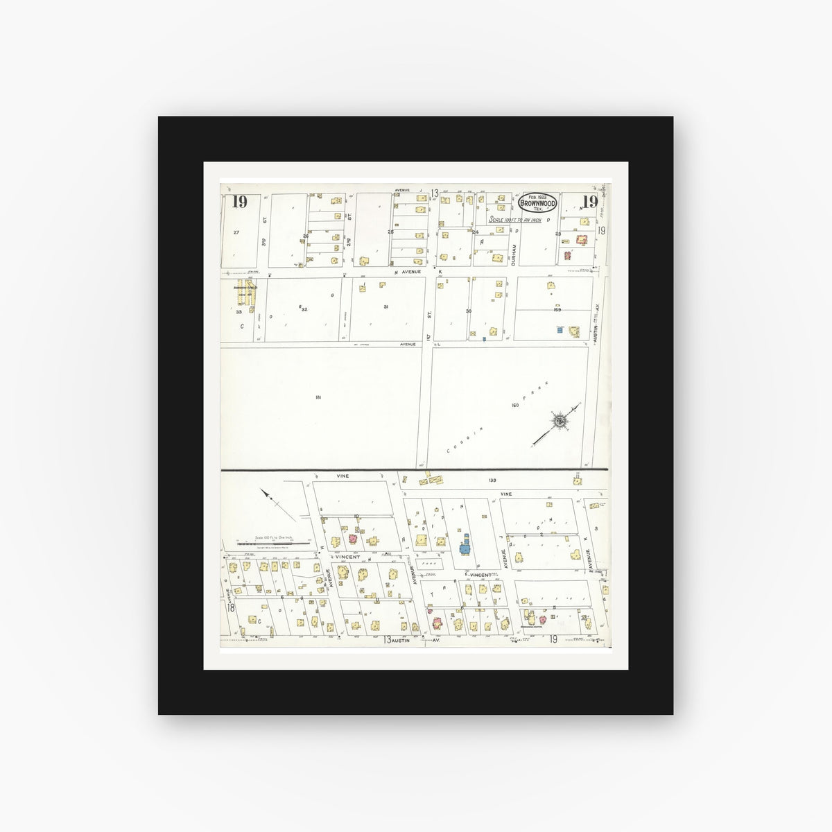 Old map wall art mockup — black gallery frame with white mat — Sanborn Fire Insurance Map from Brownwood, Brown County, Texas (1923), Sheet #0019