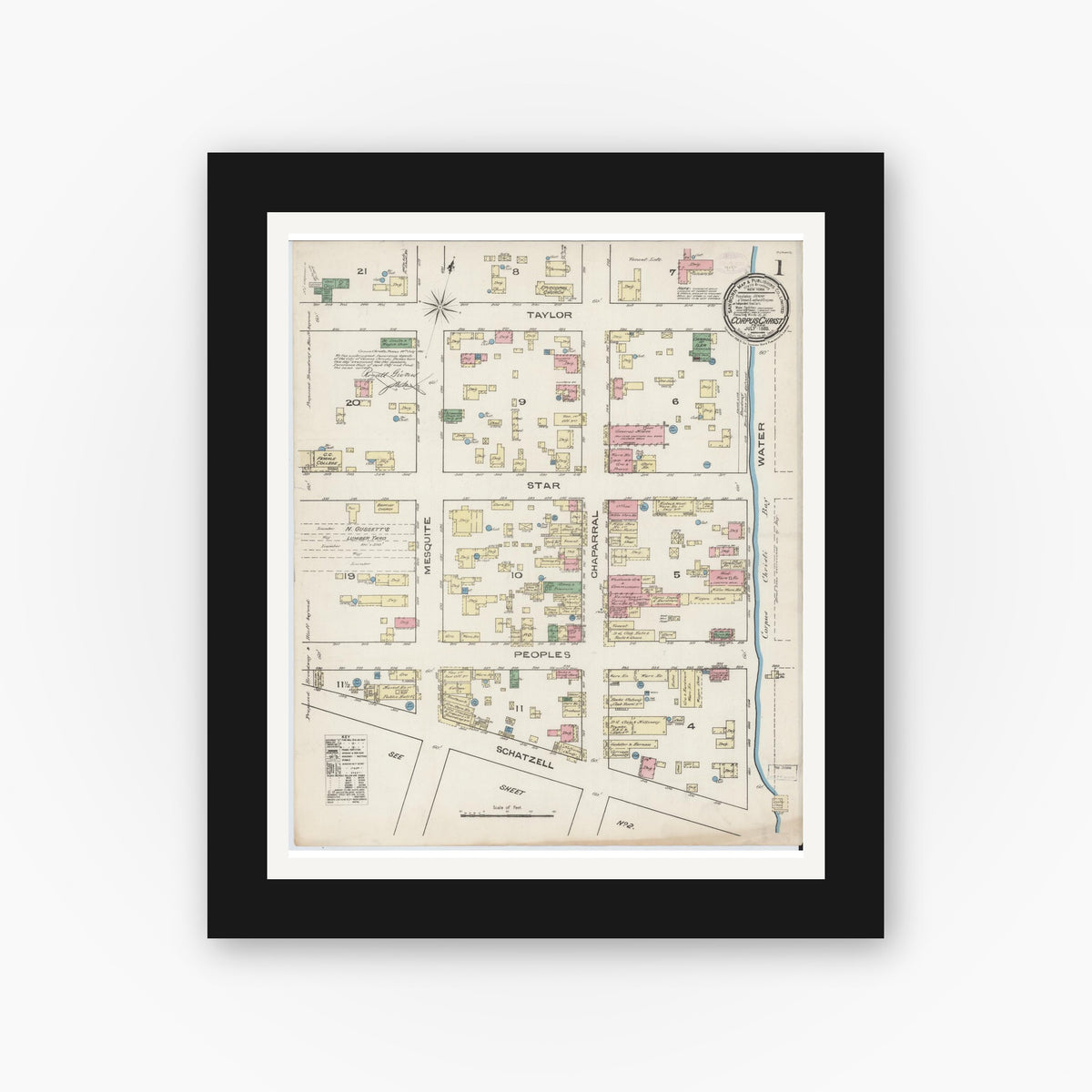 Old map wall art mockup — black gallery frame with white mat — Sanborn Fire Insurance Map from Corpus Christi, Nueces County, Texas (1885), Sheet #0001
