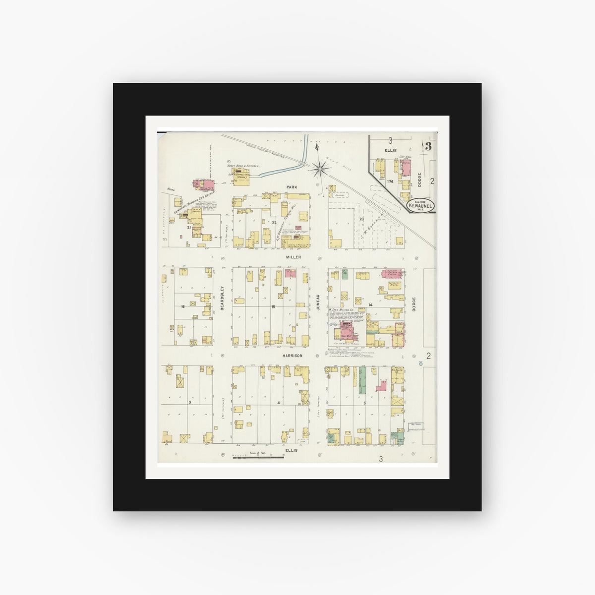 Old map wall art mockup — black gallery frame with white mat — Sanborn Fire Insurance Map from Kewaunee, Kewaunee County, Wisconsin (1898), Sheet #0003