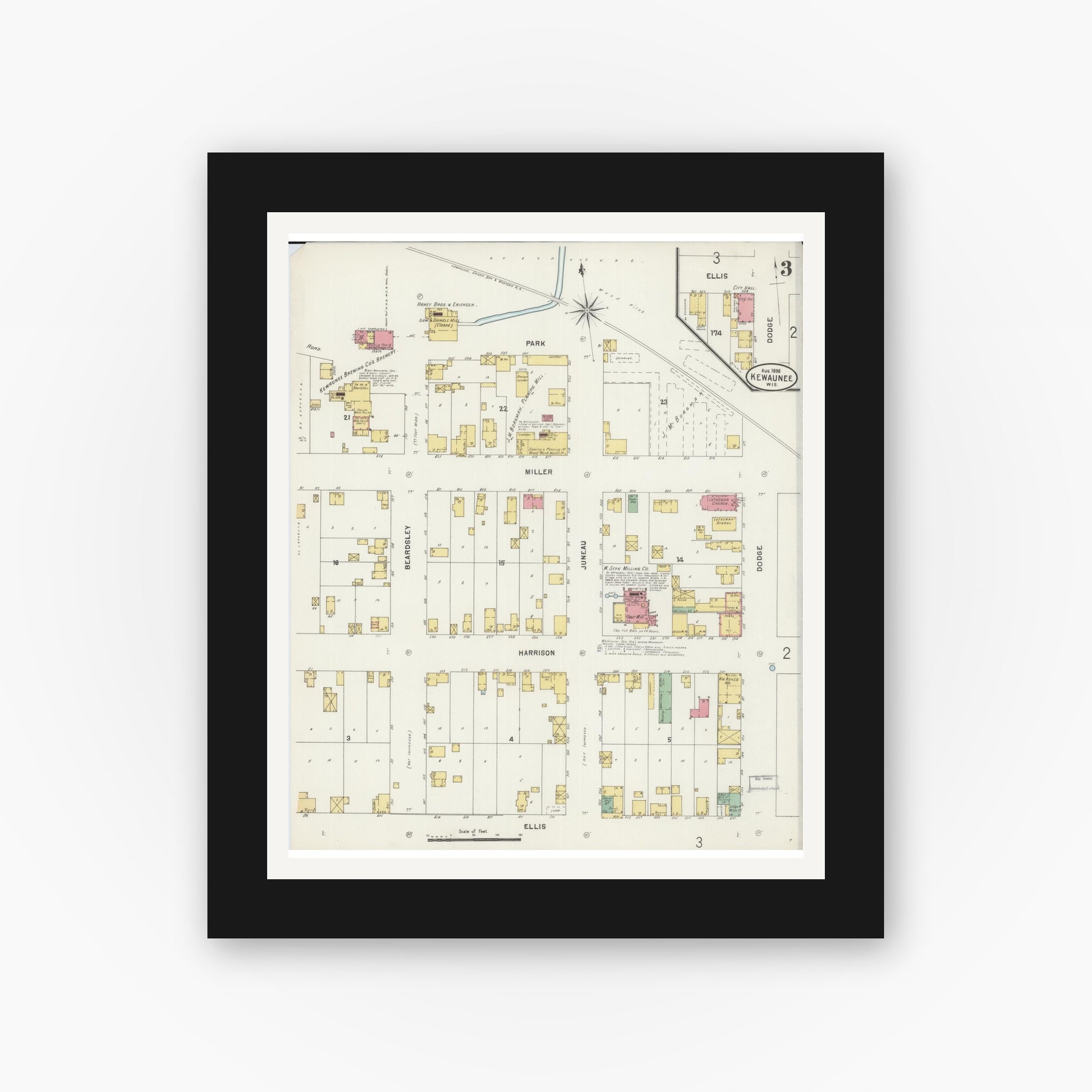 Old map wall art mockup — black gallery frame with white mat — Sanborn Fire Insurance Map from Kewaunee, Kewaunee County, Wisconsin (1898), Sheet #0003