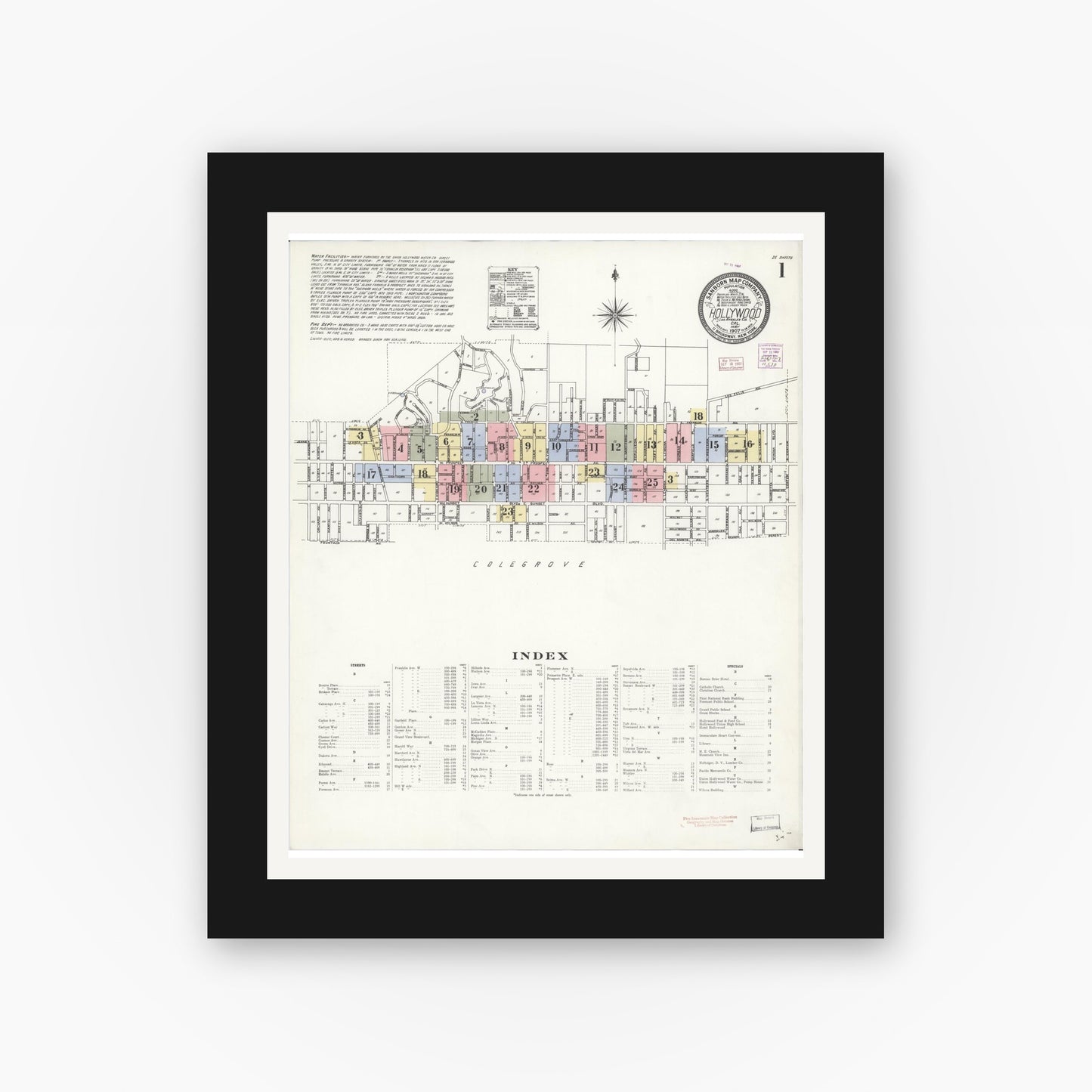 Old map wall art mockup — black gallery frame with white mat — Sanborn Fire Insurance Map from Hollywood, Los Angeles County, California (1907) - Complete Map Set