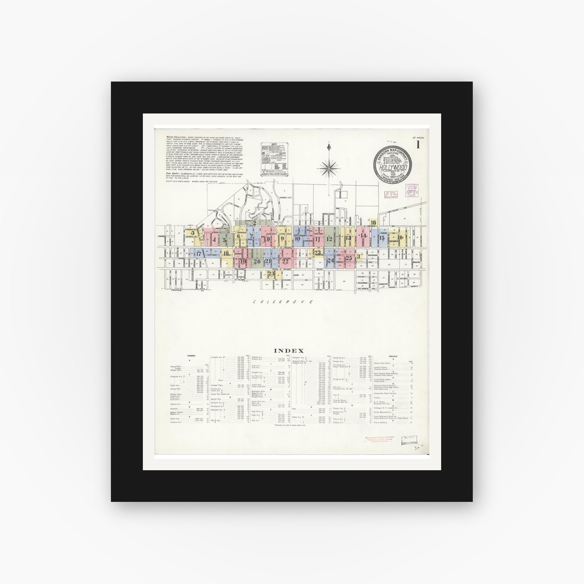 Old map wall art mockup — black gallery frame with white mat — Sanborn Fire Insurance Map from Hollywood, Los Angeles County, California (1907) - Complete Map Set
