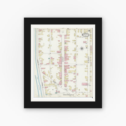 Old map wall art mockup — black gallery frame with white mat — Sanborn Fire Insurance Map from Marietta, Lancaster County, Pennsylvania (1891), Sheet #0003