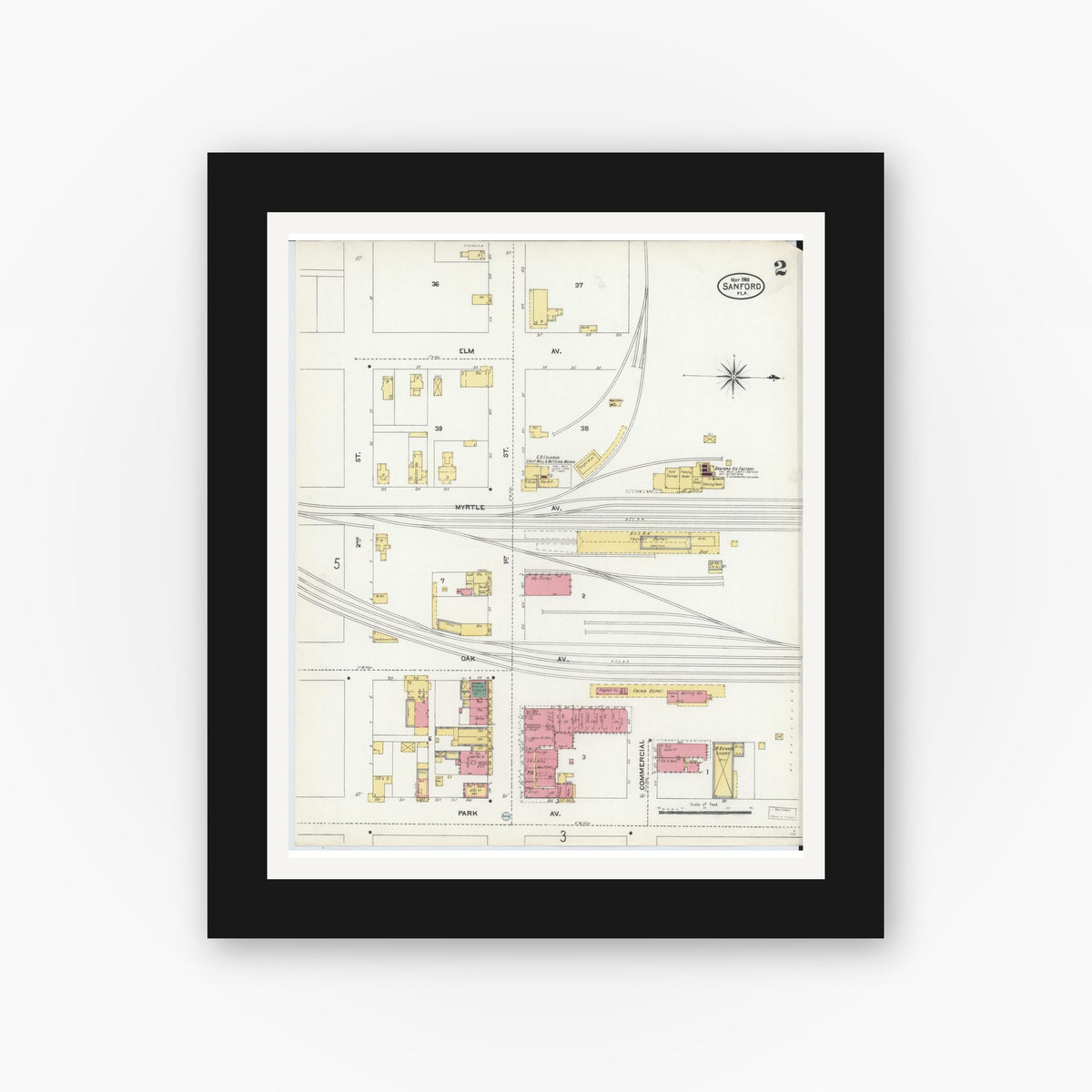 Old map wall art mockup — black gallery frame with white mat — Sanborn Fire Insurance Map from Sanford, Seminole County, Florida (1906), Sheet #0002