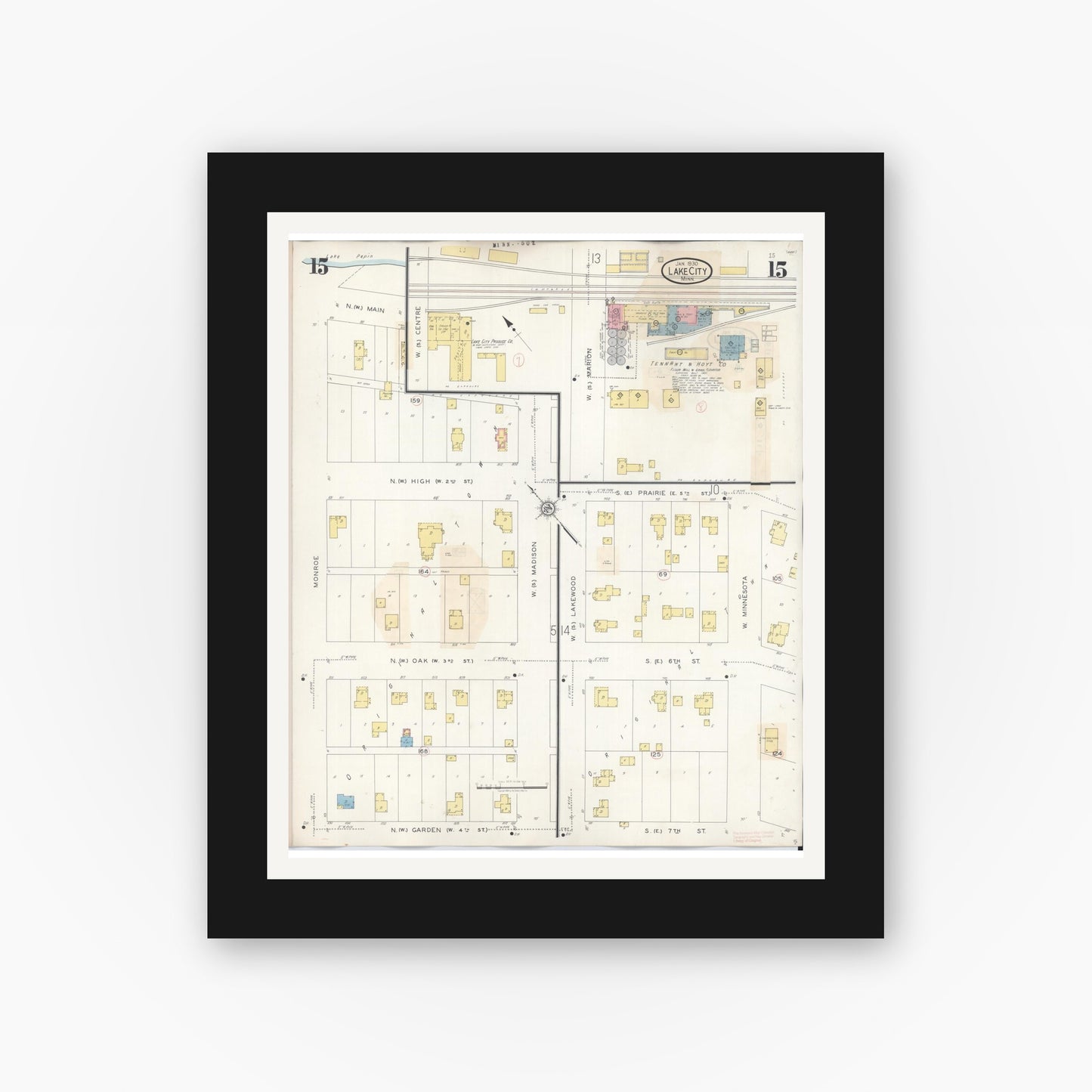 Old map wall art mockup — black gallery frame with white mat — Sanborn Fire Insurance Map from Lake City, Wabasha County, Minnesota (1938), Sheet #0015