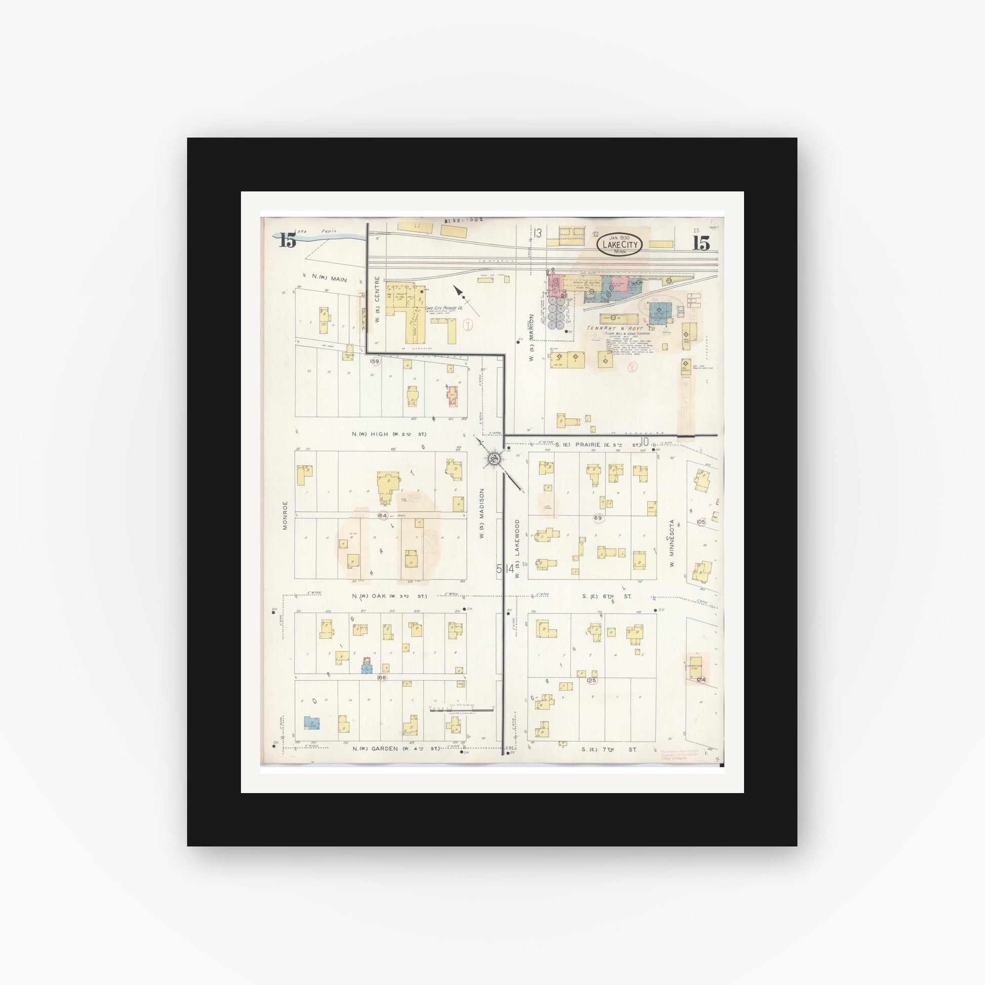 Old map wall art mockup — black gallery frame with white mat — Sanborn Fire Insurance Map from Lake City, Wabasha County, Minnesota (1938), Sheet #0015