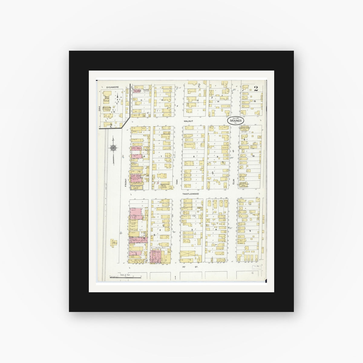 Old map wall art mockup — black gallery frame with white mat — Sanborn Fire Insurance Map from Mounds, Pulaski County, Illinois (1910), Sheet #0002