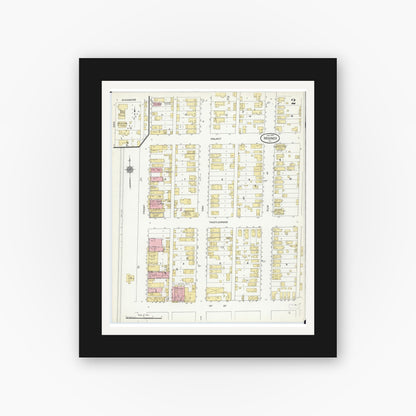 Old map wall art mockup — black gallery frame with white mat — Sanborn Fire Insurance Map from Mounds, Pulaski County, Illinois (1910), Sheet #0002