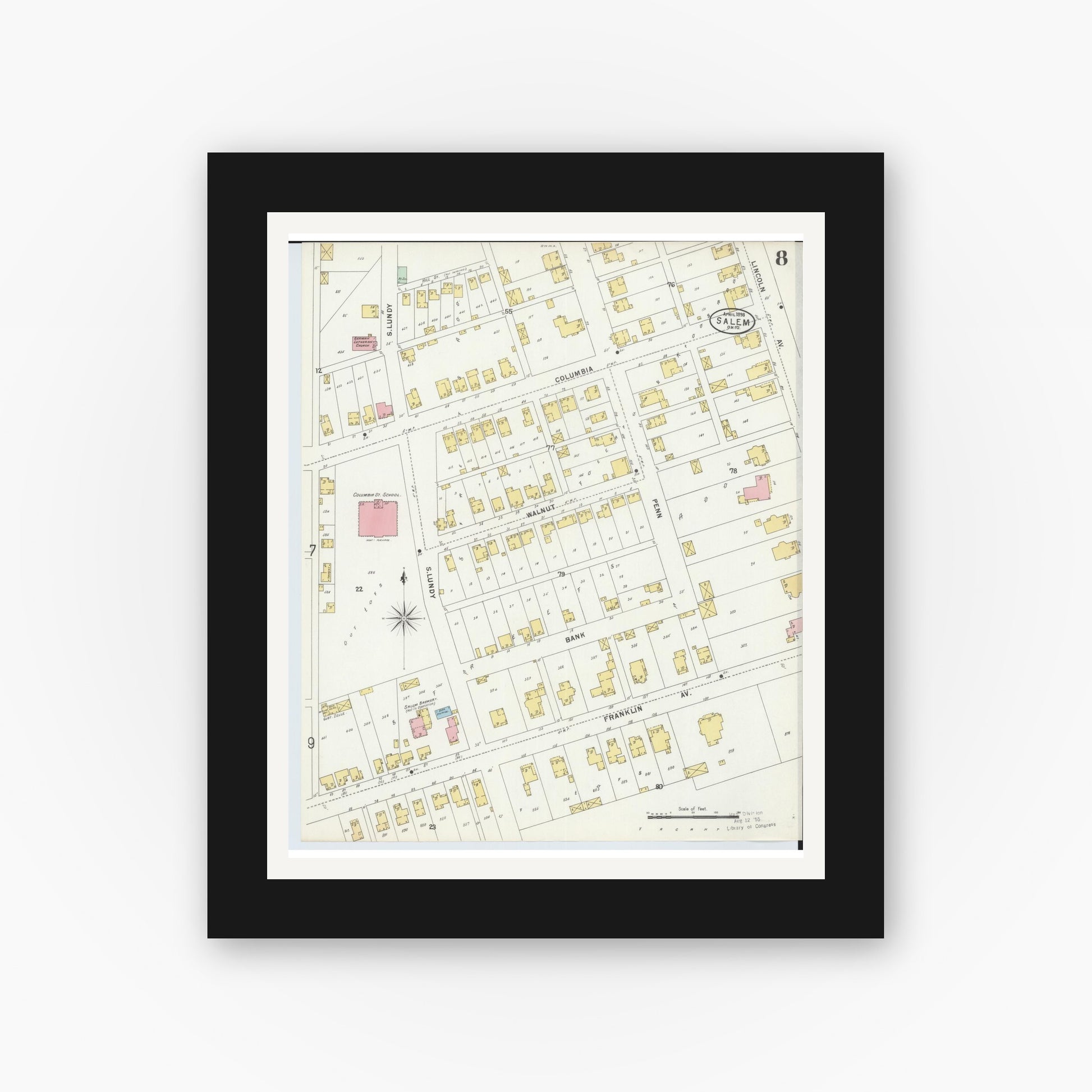 Old map wall art mockup — black gallery frame with white mat — Sanborn Fire Insurance Map from Salem, Columbiana County, Ohio (1898), Sheet #0008
