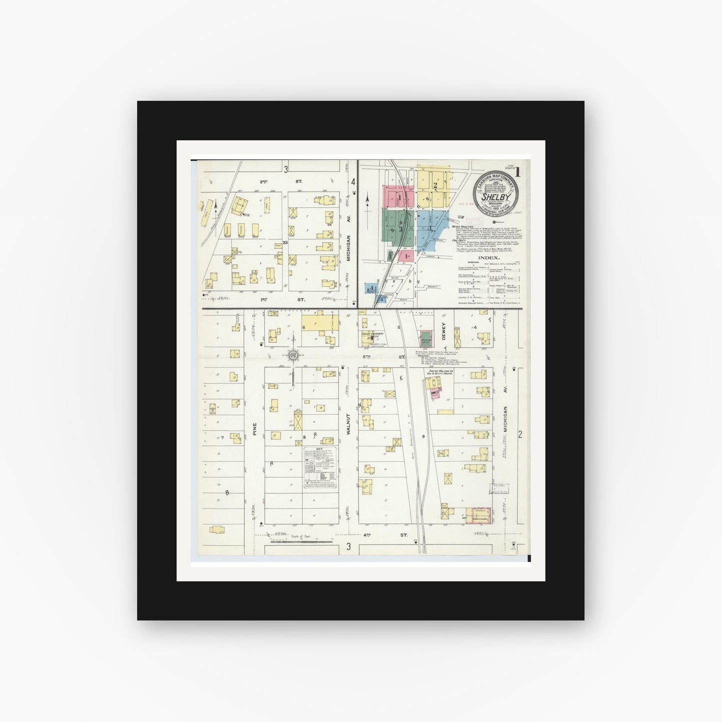Old map wall art mockup — black gallery frame with white mat — Sanborn Fire Insurance Map from Shelby, Oceana County, Michigan (1910) - Complete Map Set