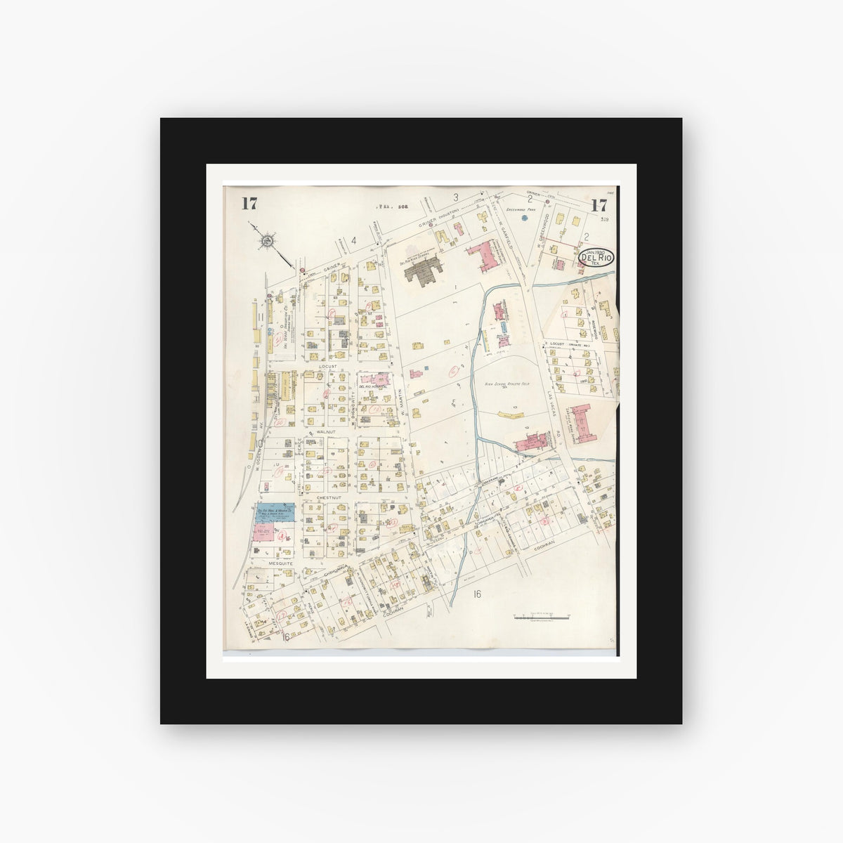 Old map wall art mockup — black gallery frame with white mat — Sanborn Fire Insurance Map from Del Rio, Val Verde County, Texas (1948), Sheet #0017
