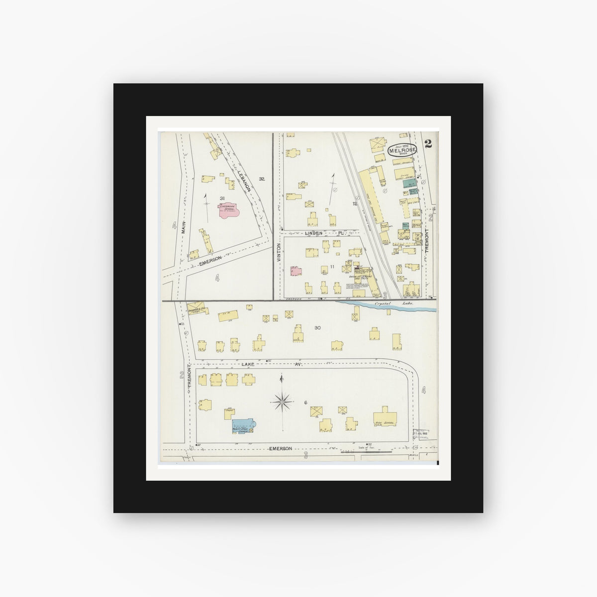 Old map wall art mockup — black gallery frame with white mat — Sanborn Fire Insurance Map from Melrose, Middlesex County, Massachusetts (1892), Sheet #0002