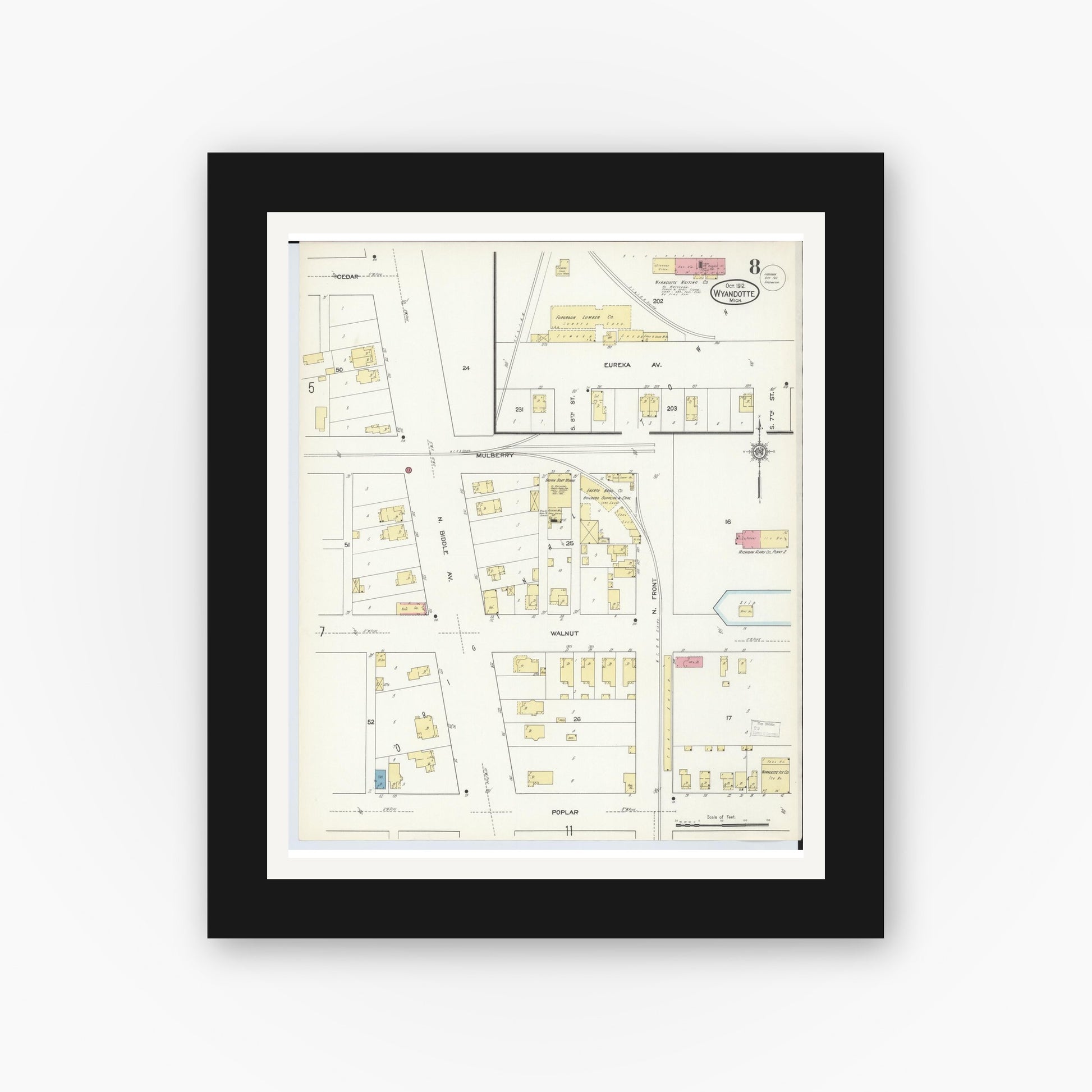 Old map wall art mockup — black gallery frame with white mat — Sanborn Fire Insurance Map from Wyandotte, Wayne County, Michigan (1912), Sheet #0008