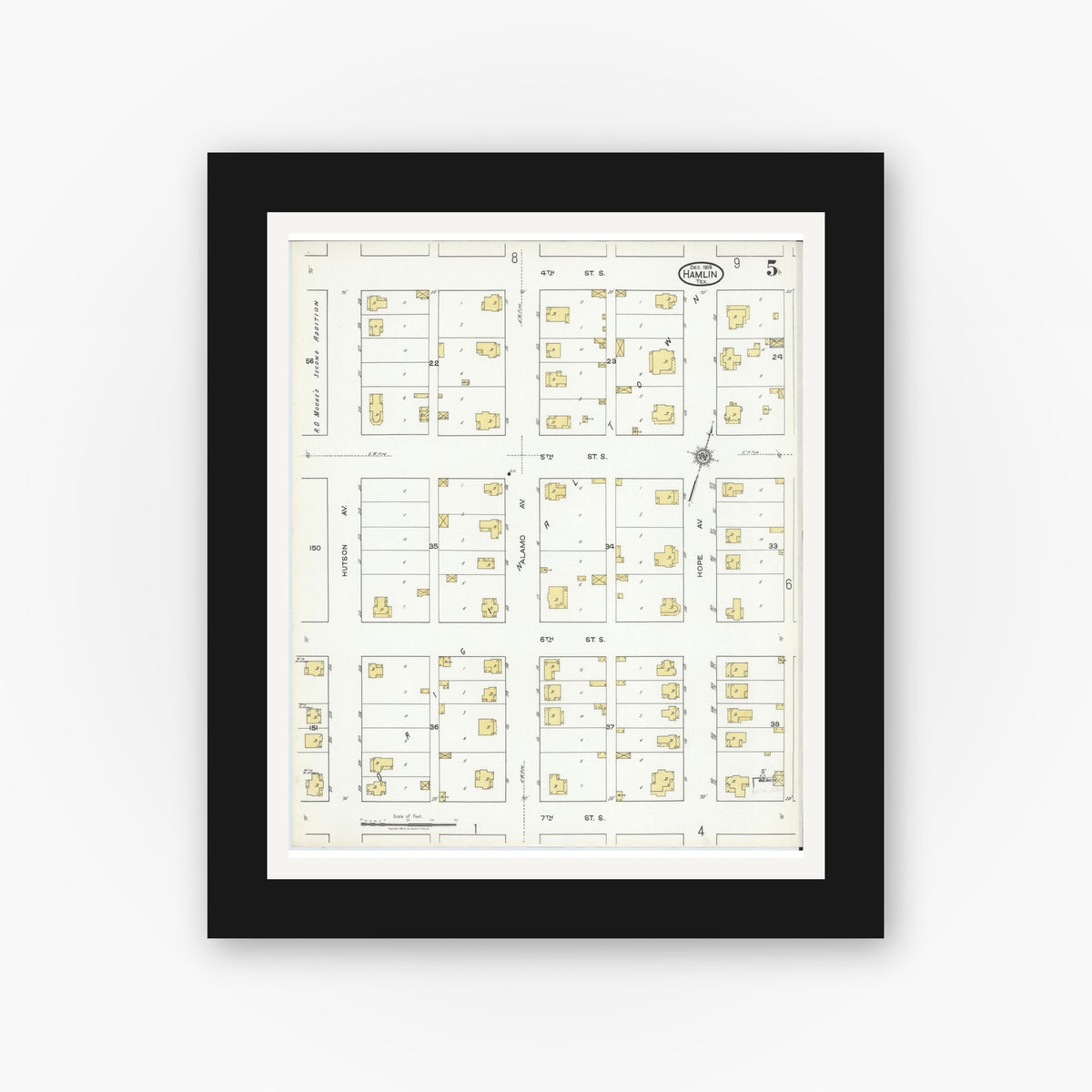 Old map wall art mockup — black gallery frame with white mat — Sanborn Fire Insurance Map from Hamlin, Jones County, Texas (1919), Sheet #0005