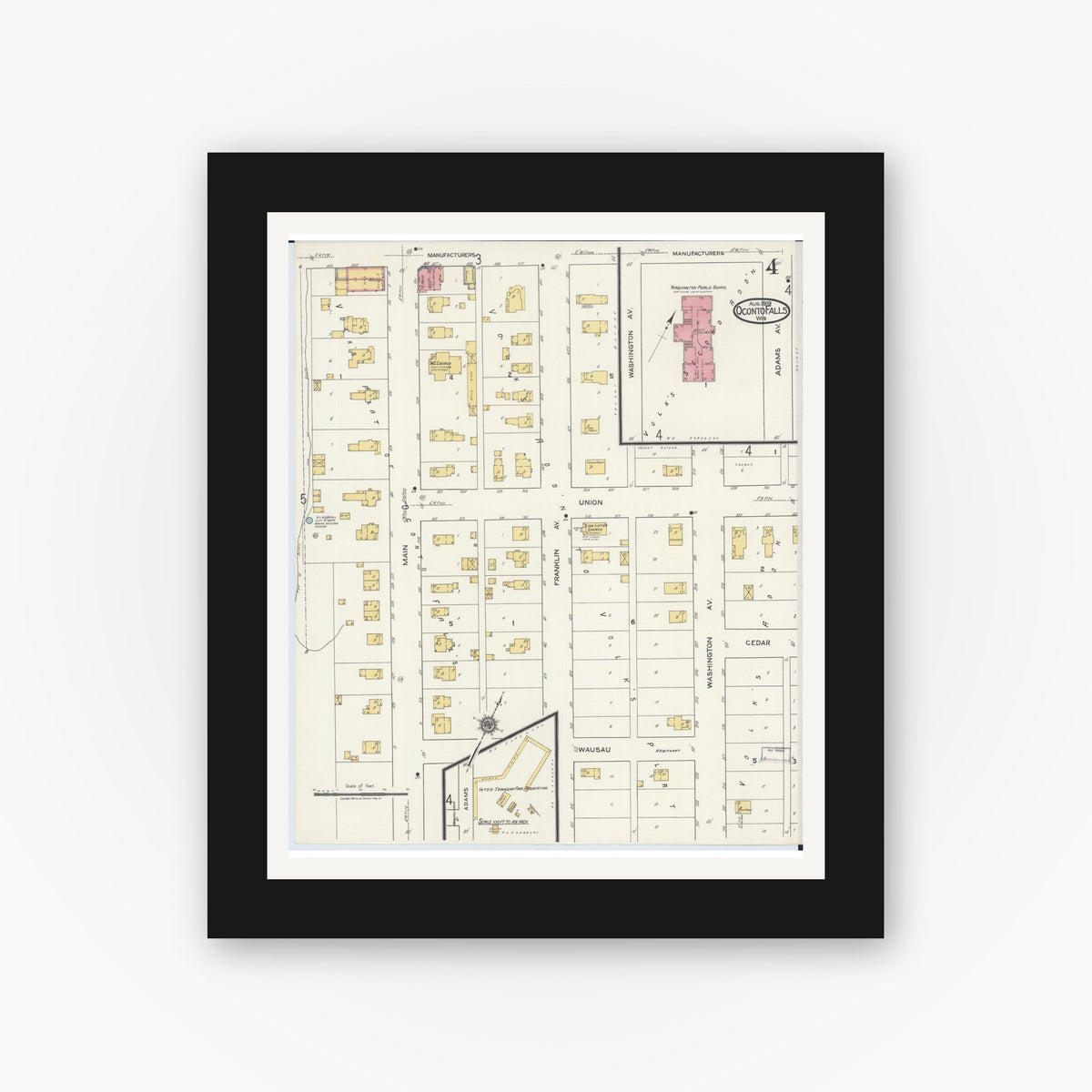 Old map wall art mockup — black gallery frame with white mat — Sanborn Fire Insurance Map from Oconto Falls, Oconto County, Wisconsin (1919), Sheet #0004