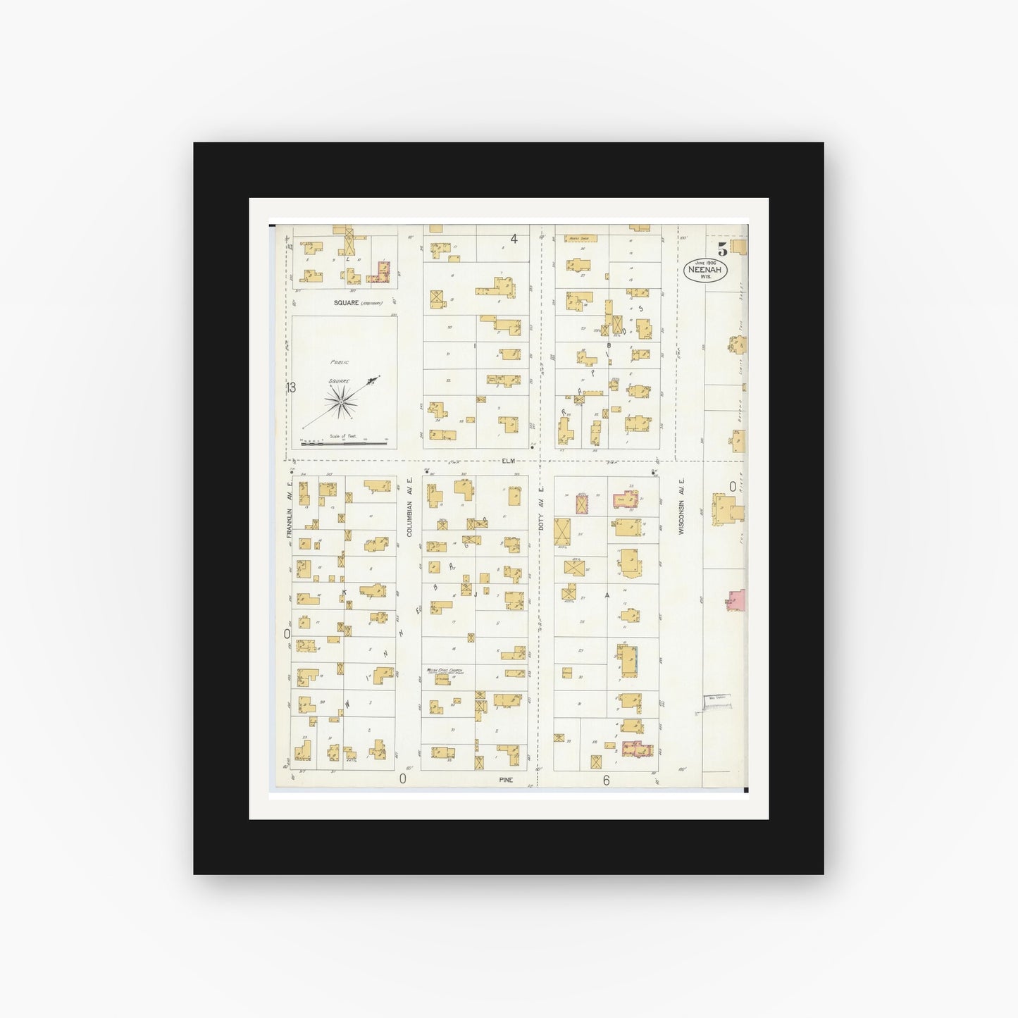 Old map wall art mockup — black gallery frame with white mat — Sanborn Fire Insurance Map from Neenah, Winnebago County, Wisconsin (1906), Sheet #0005