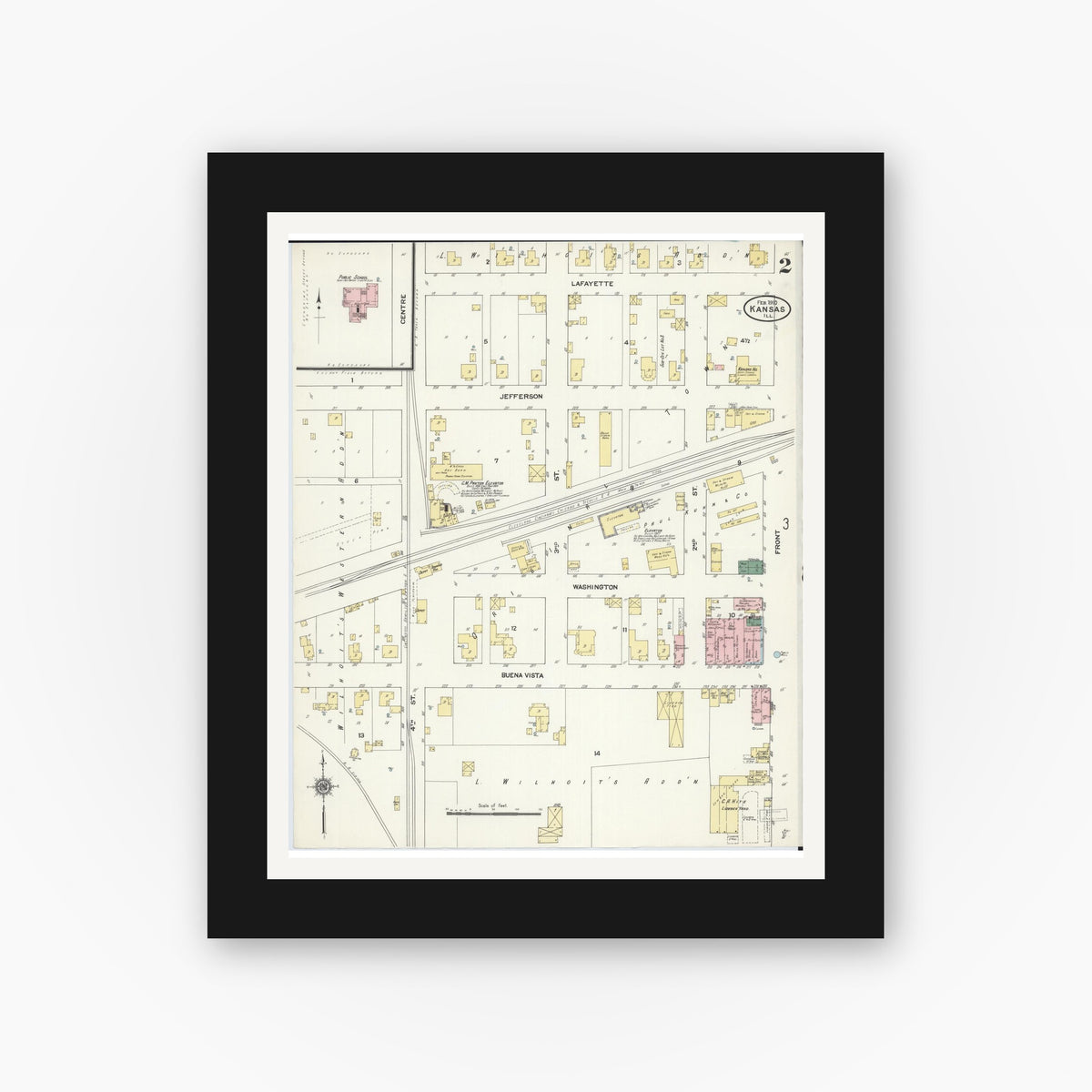 Old map wall art mockup — black gallery frame with white mat — Sanborn Fire Insurance Map from Kansas, Edgar County, Illinois (1910), Sheet #0002