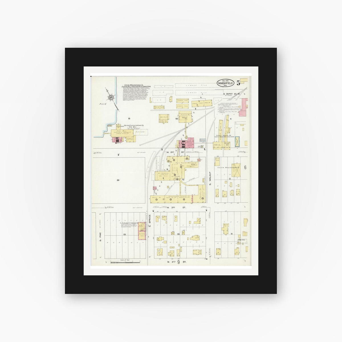 Old map wall art mockup — black gallery frame with white mat — Sanborn Fire Insurance Map from Marshfield, Wood County, Wisconsin (1912), Sheet #0005