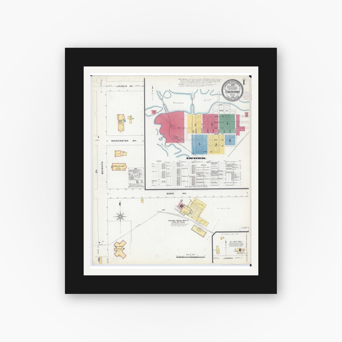 Old map wall art mockup — black gallery frame with white mat — Sanborn Fire Insurance Map from Tomahawk, Lincoln County, Wisconsin (1908) - Complete Map Set