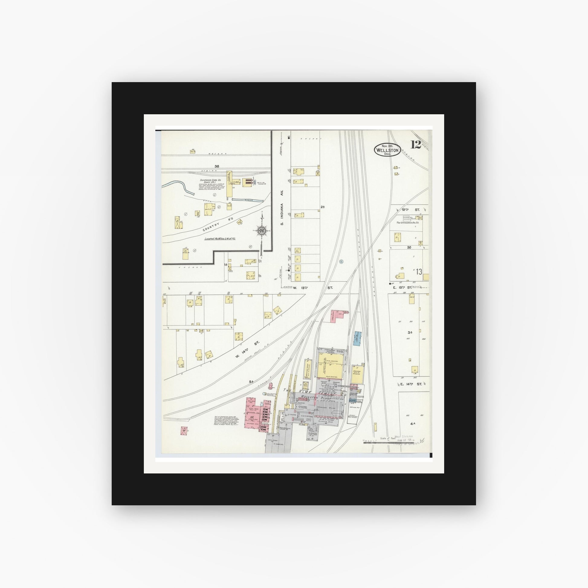 Old map wall art mockup — black gallery frame with white mat — Sanborn Fire Insurance Map from Wellston, Jackson County, Ohio (1911), Sheet #0012