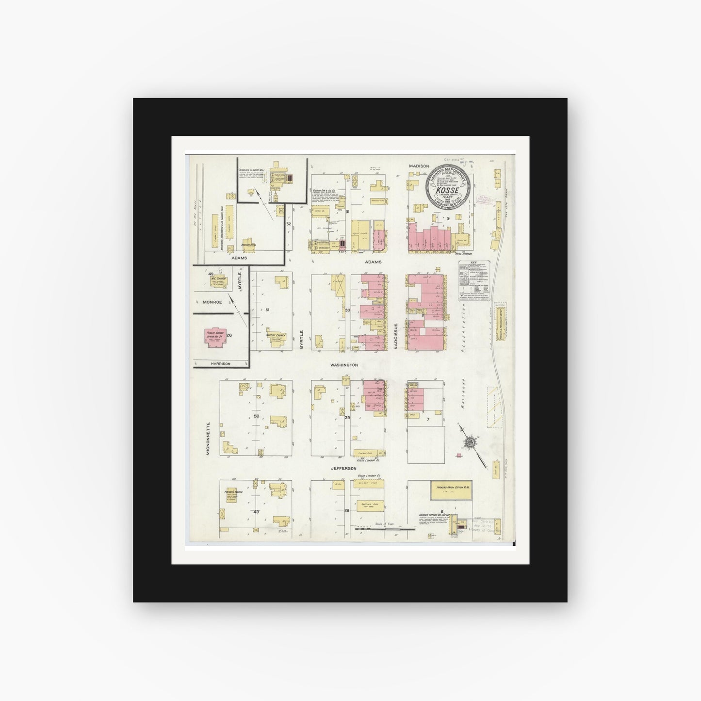 Old map wall art mockup — black gallery frame with white mat — Sanborn Fire Insurance Map from Kosse, Limestone County, Texas (1911), Sheet #0001