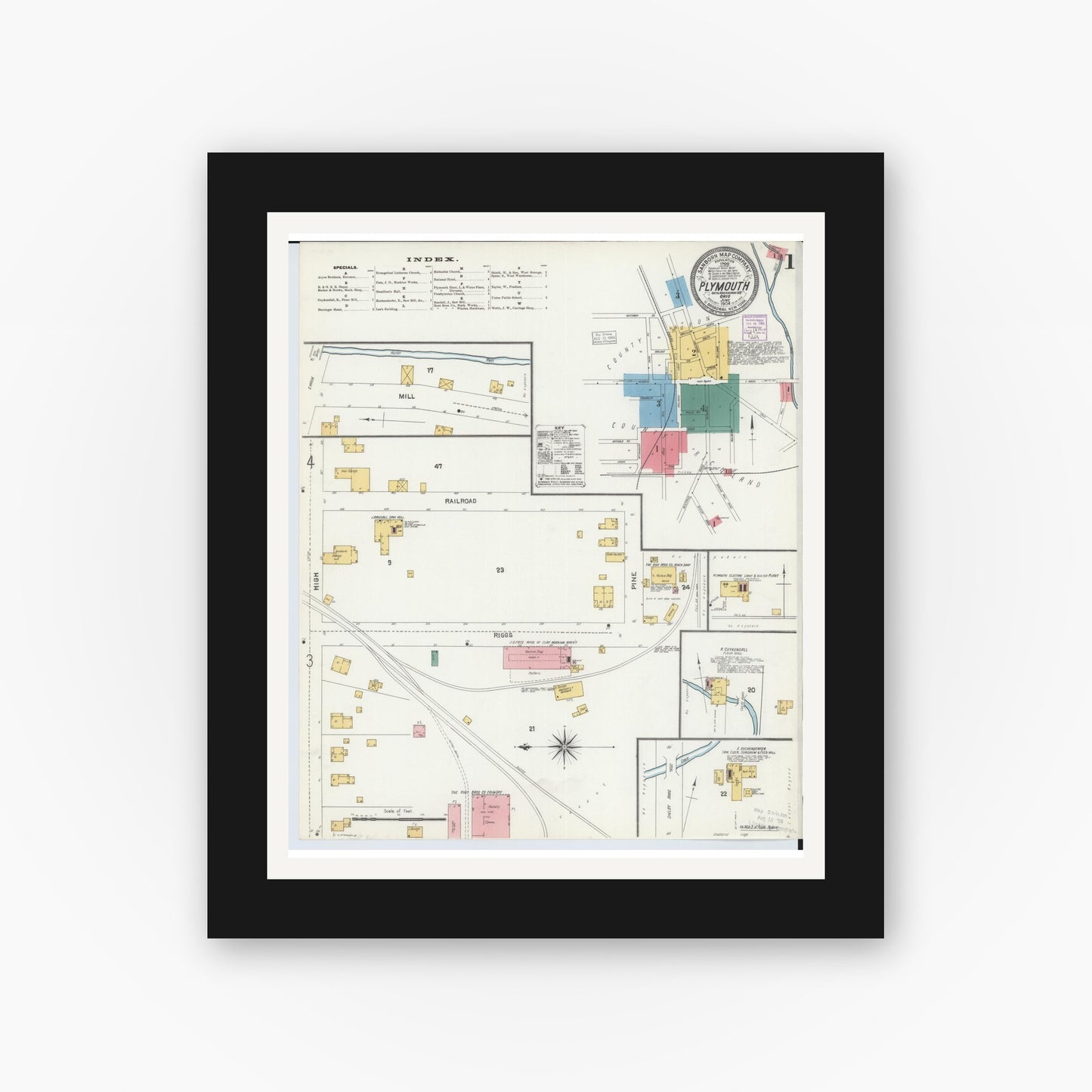 Old map wall art mockup — black gallery frame with white mat — Sanborn Fire Insurance Map from Plymouth, Huron And Richland Counties, Ohio (1904) - Complete Map Set